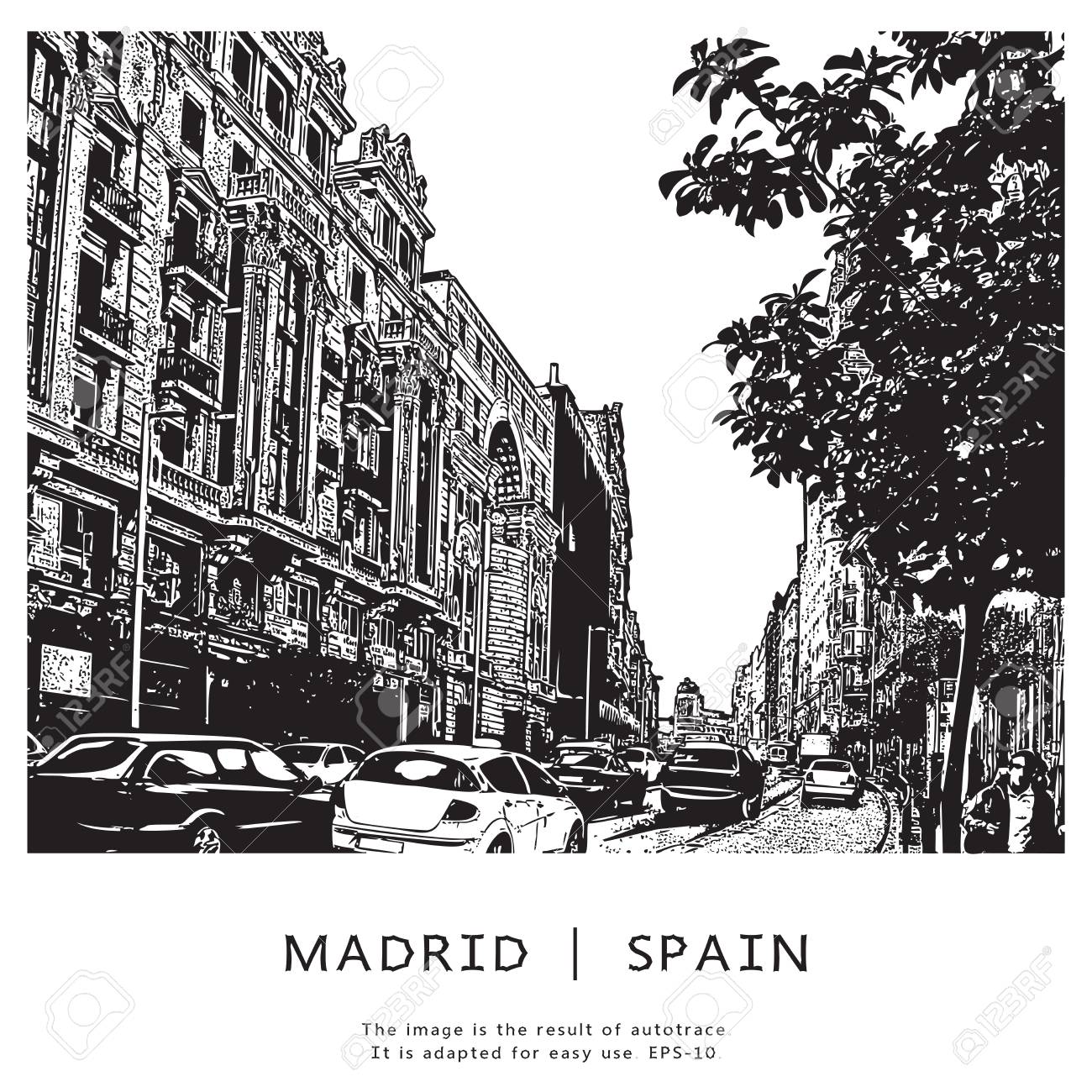 Famous Street In Madrid Spain Monochrome Vector Illustration European Street With Big Houses Cars Trees And People Royalty Free Cliparts Vectors And Stock Illustration Image