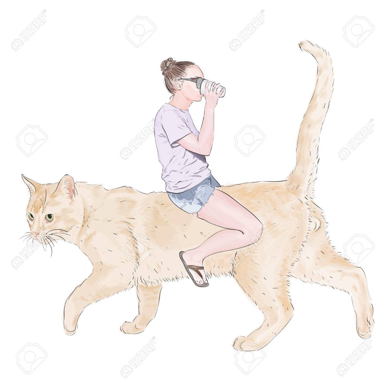 Realistic Girl Drinks In Glasses Sitting On A Red Big Cat Royalty