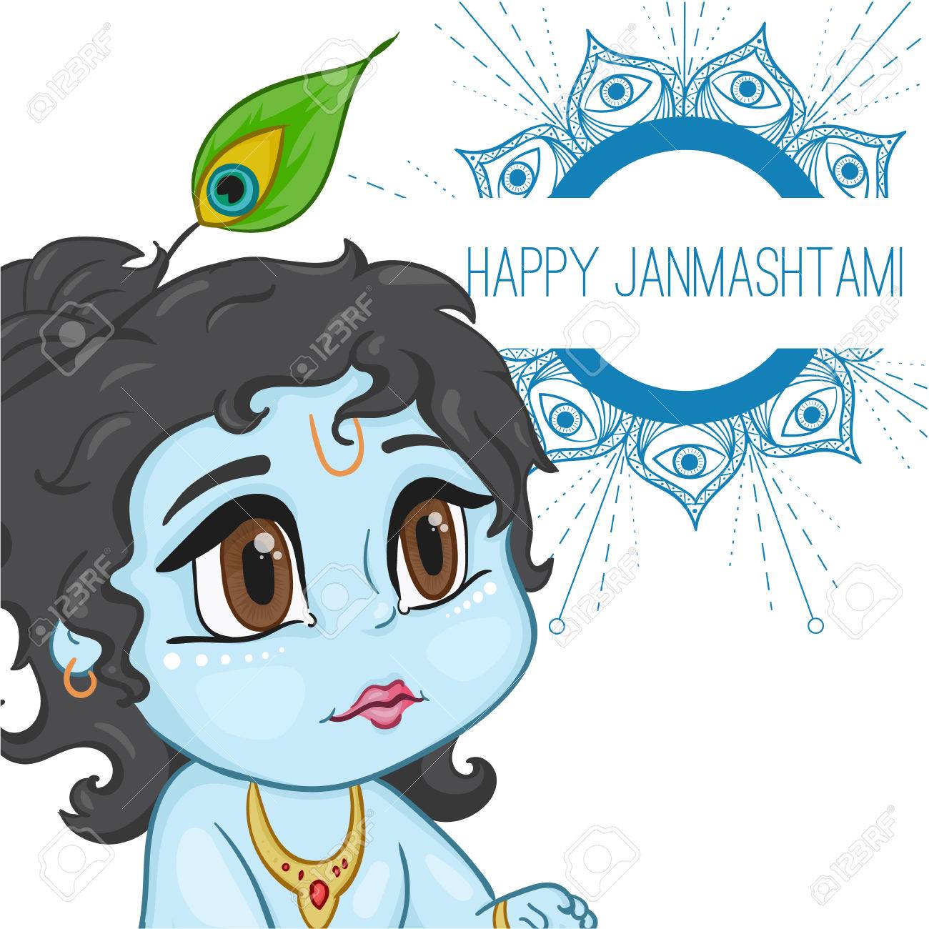 Hand Drawn Little Baby God Krishna In Anime Style. With A Pot Of ...