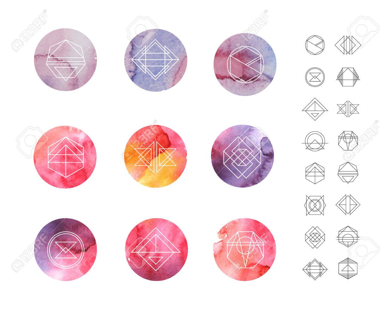 abstract circle watercolor patterns set with hipster style icons