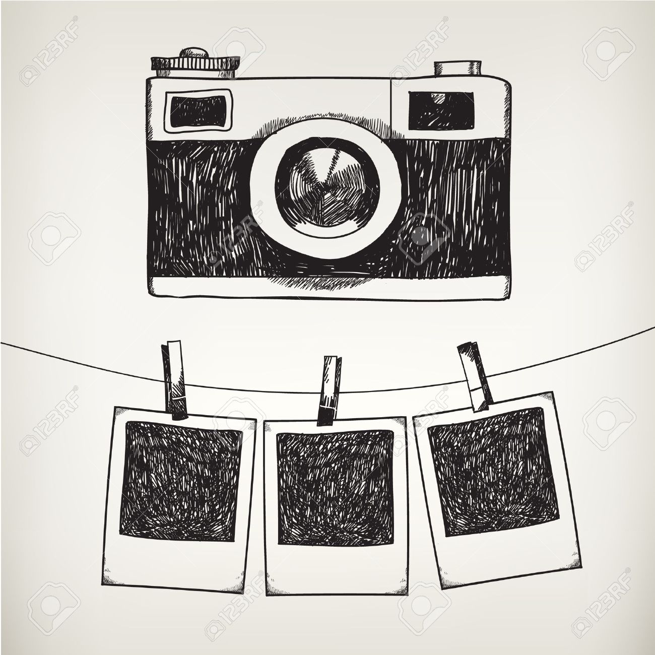 Vector hand drawn doodle illustration of retro photo frames and camera. Hanging photos in a photo studio. - 43197080 Vector hand drawn doodle illustration of retro photo frames and camera. Hanging photos in a photo studio. - 43197080