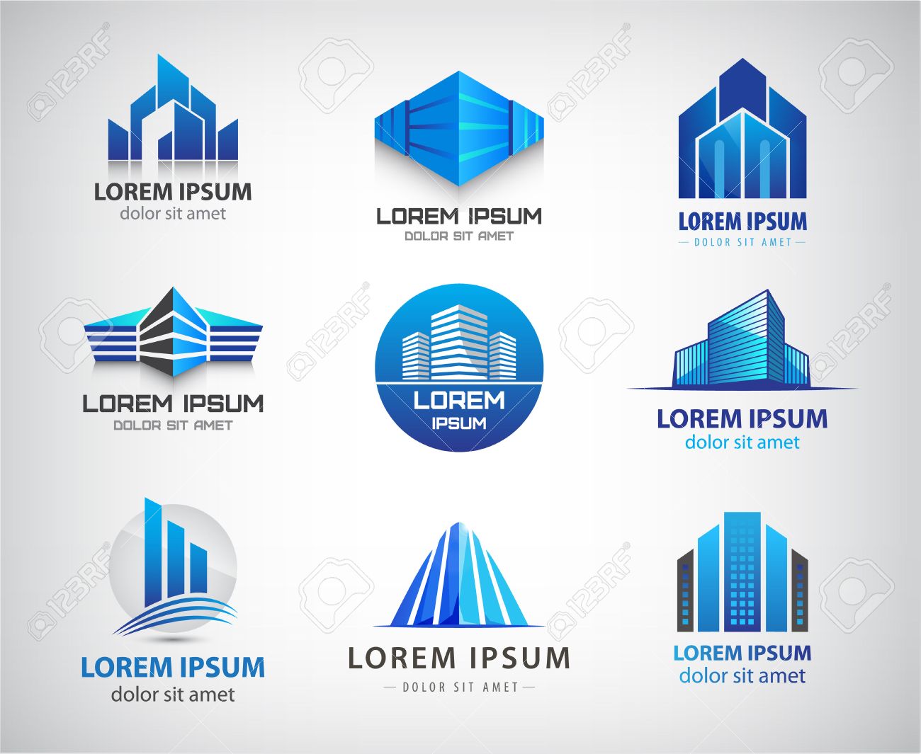 Vector set of blue, modern office, company buildings, skyscrapers icons isolated. Identity - 47401211 Vector set of blue, modern office, company buildings, skyscrapers icons isolated. Identity - 47401211