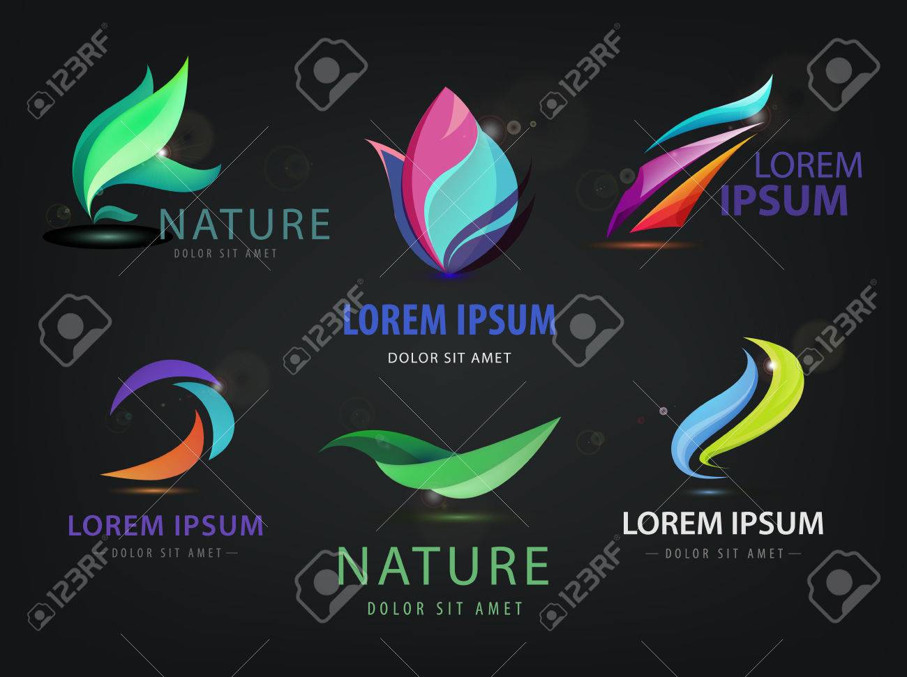 Vector set of abstract wavy, spa, salon, nature logos, icons isolated on dark background. Identity - 52738442 Vector set of abstract wavy, spa, salon, nature logos, icons isolated on dark background. Identity - 52738442