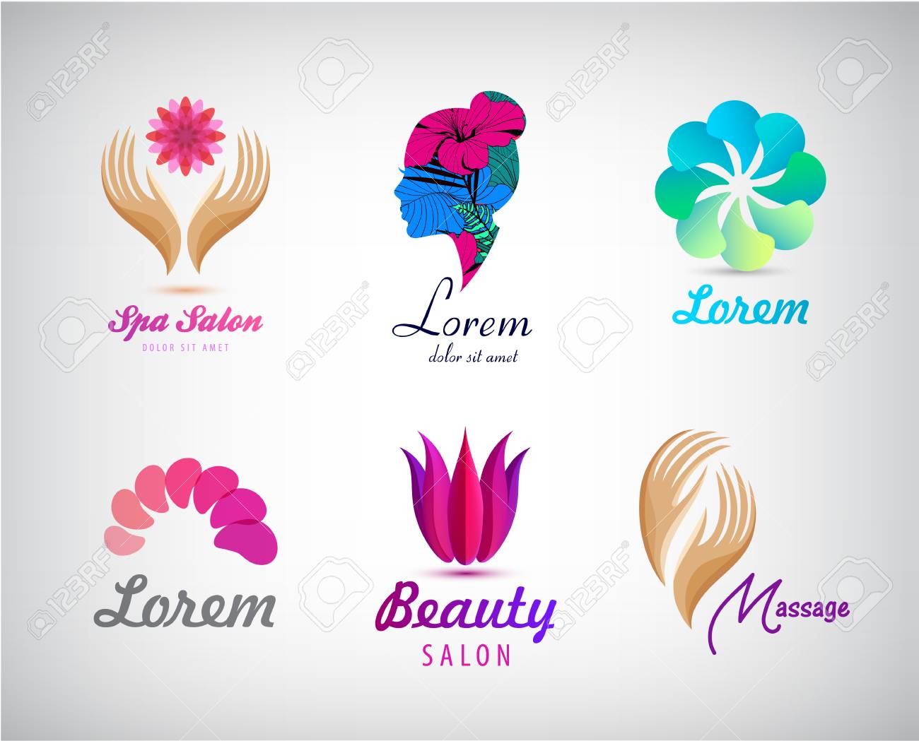 Vector Set Of Beauty Salon Massage Cosmetics Yoga Lotus Logos