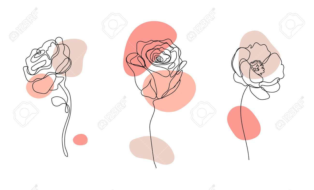 Vector set of hand drawn, single continuous line flowers - roses , leaves sketch. Art floral elements. Use for t-shirt prints, cosmetics. - 171516323 Vector set of hand drawn, single continuous line flowers - roses , leaves sketch. Art floral elements. Use for t-shirt prints, cosmetics. - 171516323