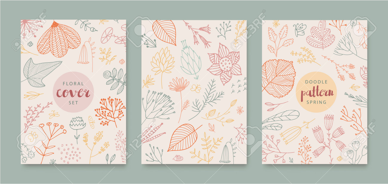 Set of vector abstract creative universal artistic templates - doodle hand drawn flowers, leaves. Use for poster, card, invitation, flyer, cover, banner, placard, brochure, graphic design. - 171516340 Set of vector abstract creative universal artistic templates - doodle hand drawn flowers, leaves. Use for poster, card, invitation, flyer, cover, banner, placard, brochure, graphic design. - 171516340