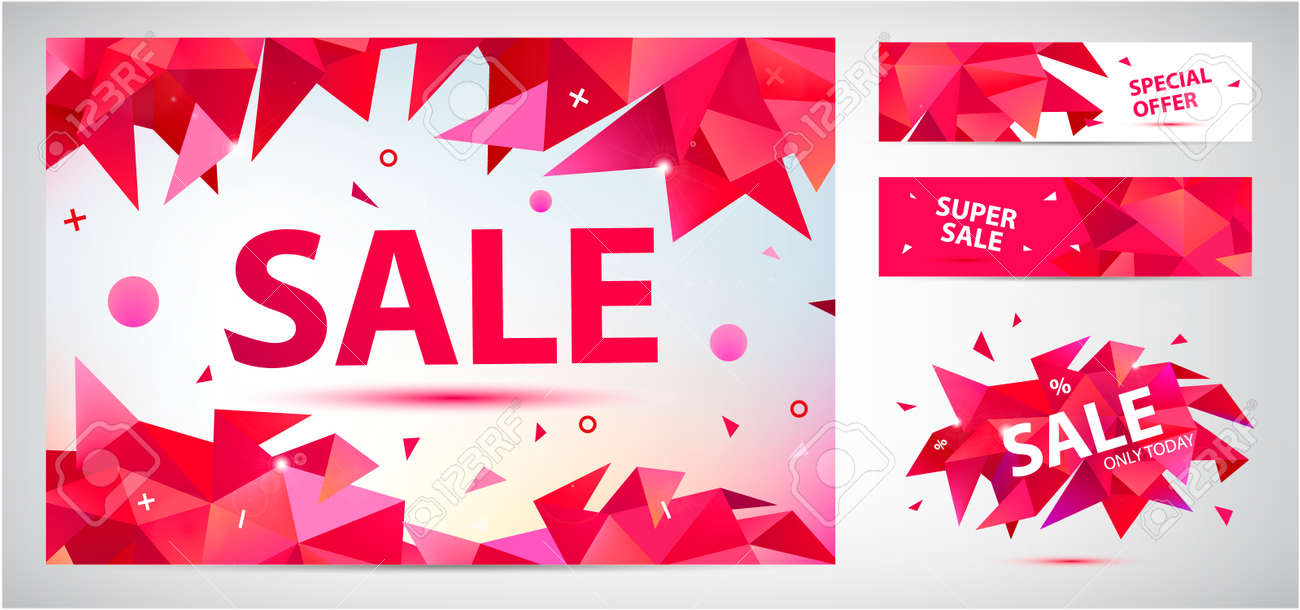 Vector set of geometric anstract sale banners, discount facet triangular red backgrounds, horizontal orientation. Graphic illustrations for advertising, marketing, design and art projects - 171516423 Vector set of geometric anstract sale banners, discount facet triangular red backgrounds, horizontal orientation. Graphic illustrations for advertising, marketing, design and art projects - 171516423