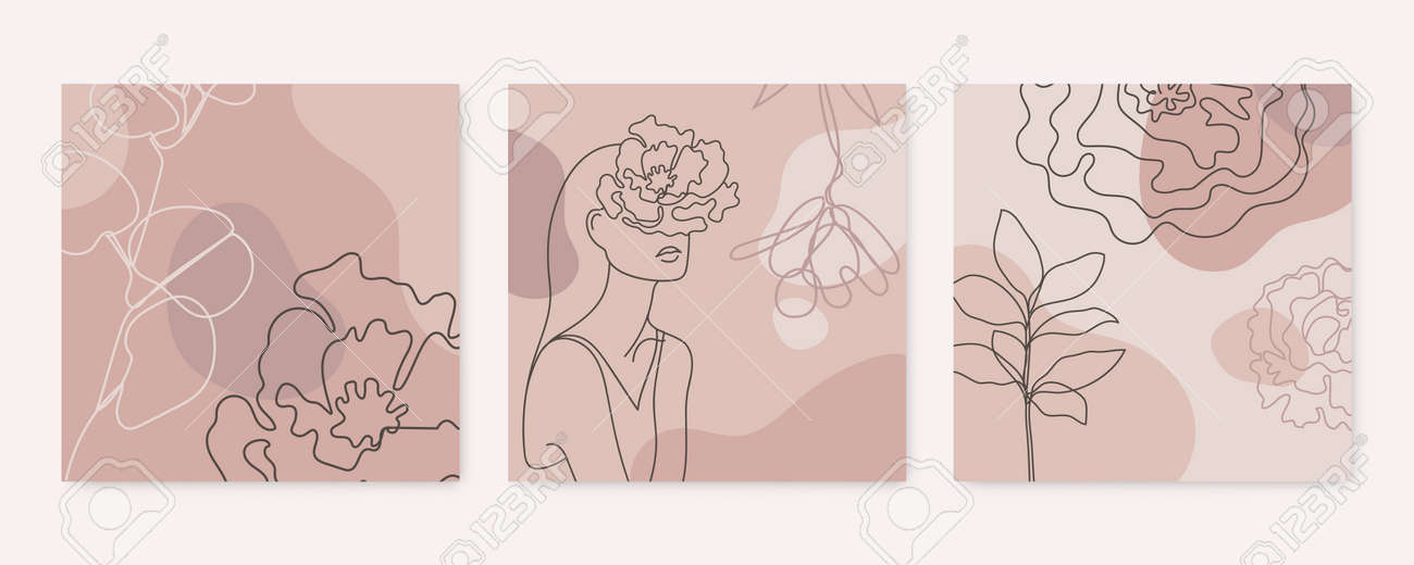 Vector beauty backgrounds, social media stories, posts feed layouts. Set of illustrations with one line continuous woman face and leaves. Contemporary collage with geometric shapes. - 171999790 Vector beauty backgrounds, social media stories, posts feed layouts. Set of illustrations with one line continuous woman face and leaves. Contemporary collage with geometric shapes. - 171999790