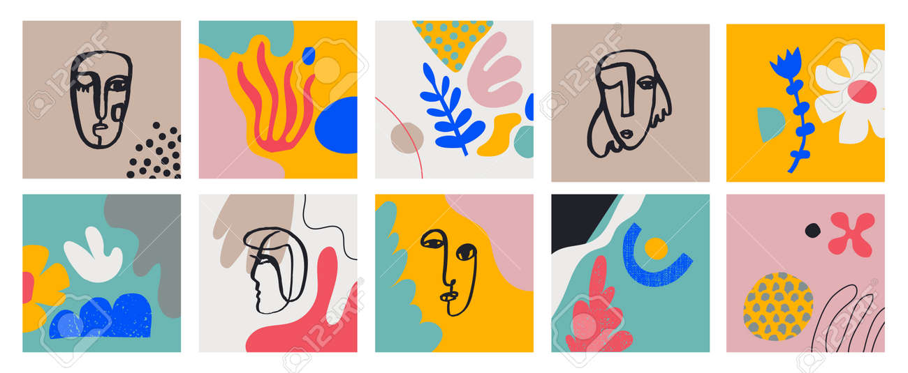 Vecto set of cards with hand drawn Faces, Leaves, Flowers, abstract shapes. Doodle, art modern posters. Contemporary collage blob illustrations. Continuous line, minimalistic concept - 171495740 Vecto set of cards with hand drawn Faces, Leaves, Flowers, abstract shapes. Doodle, art modern posters. Contemporary collage blob illustrations. Continuous line, minimalistic concept - 171495740