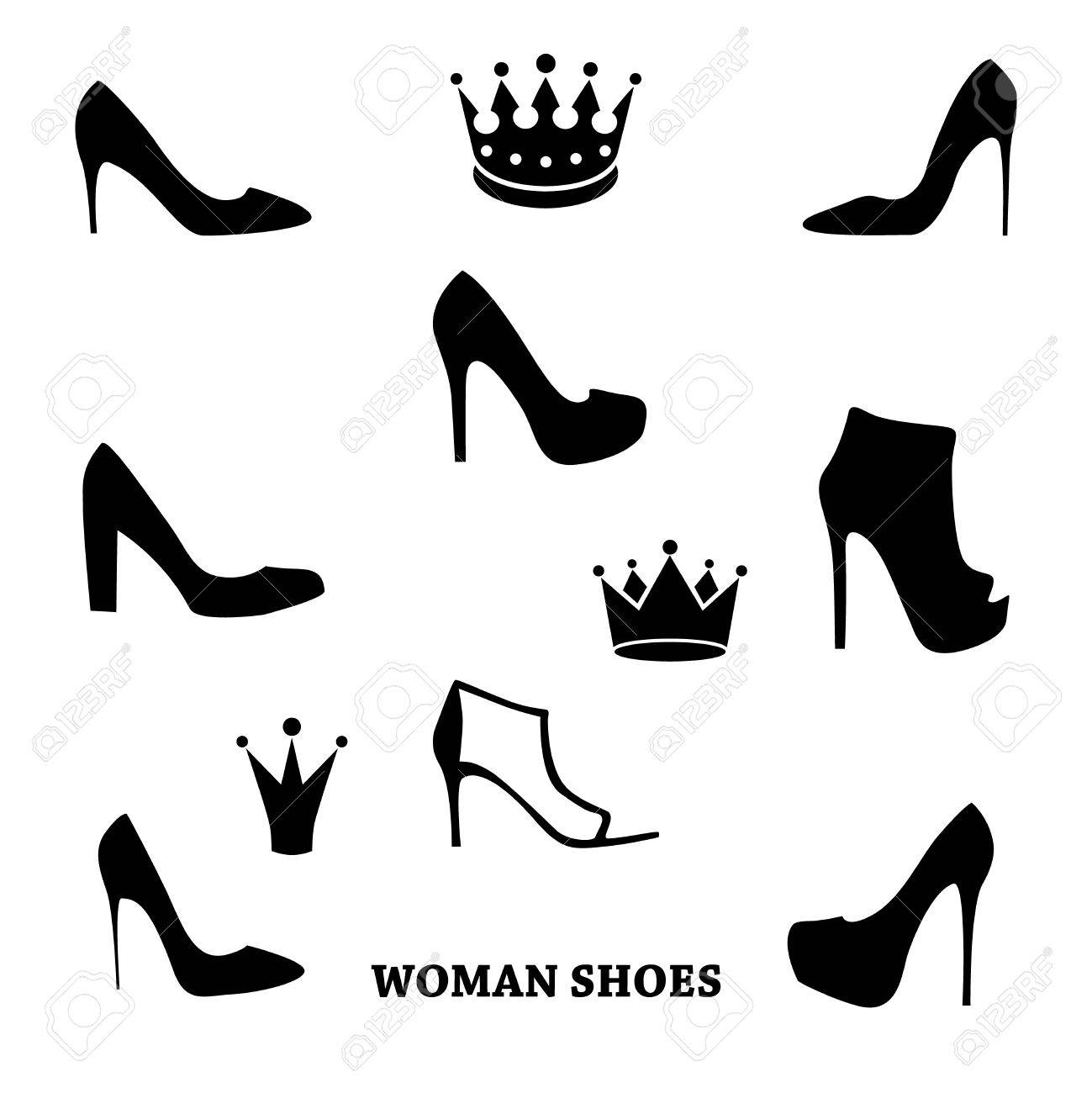 Satz Von Frau Schuhe Silhouetten Mit Kronen. Schwarze Weiße High Heels mit Krone