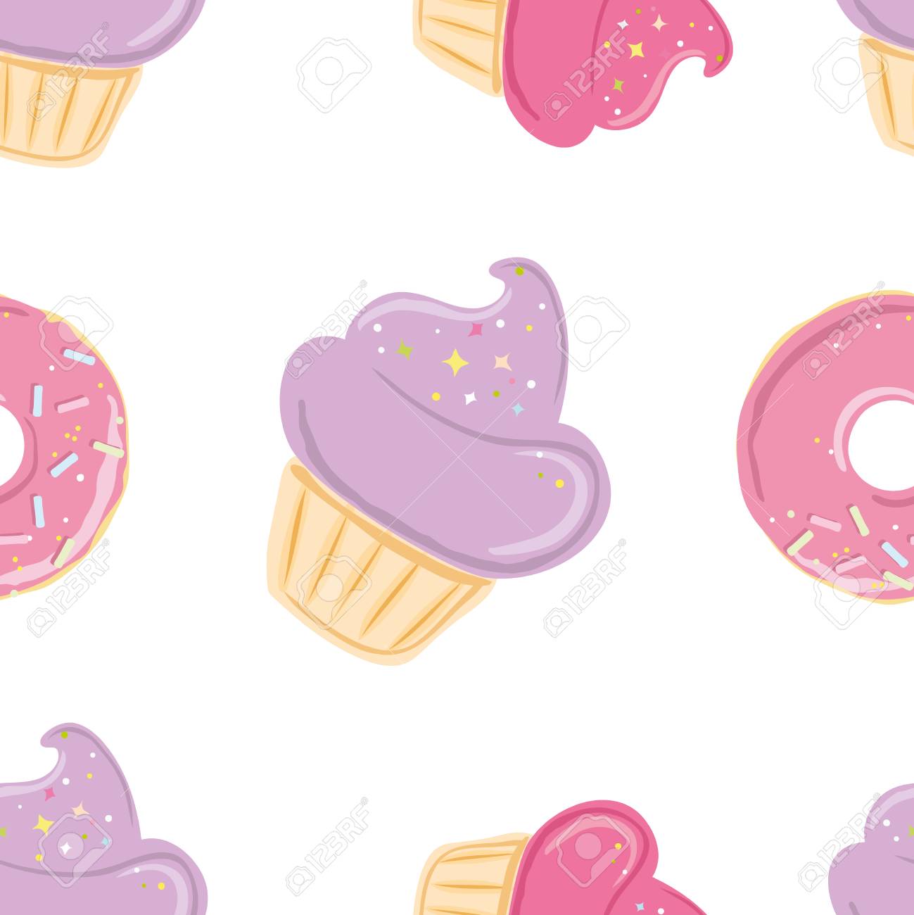 Modele Sans Couture Avec Des Bonbons Creme Glacee Beignets Cupcakes Isoles Dans Une Couleur Rose Pourpre Sur Fond Blanc Peut Utiliser Pour La Carte D Anniversaire Le Menu Des Enfants L Emballage Les