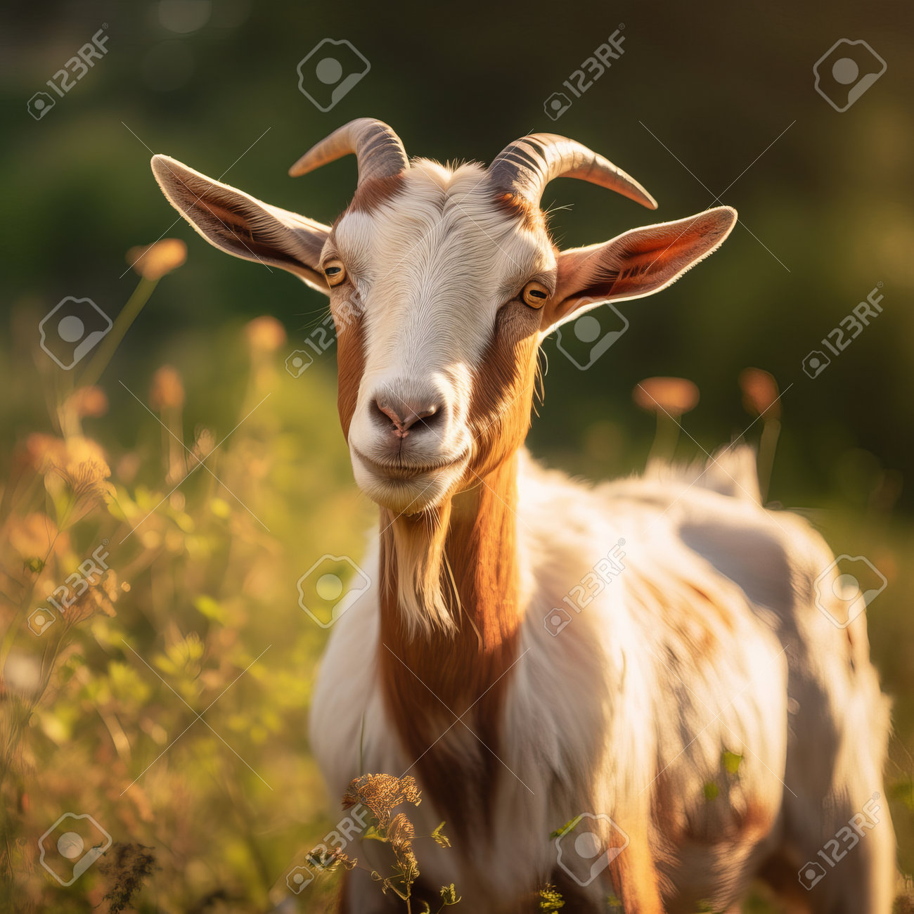 Goat In A Clearing In The Sun Looks At The Camera. A Stubborn Animal.  Farming Area. Generative AI. Stock Photo, Picture and Royalty Free Image.  Image 209842174.