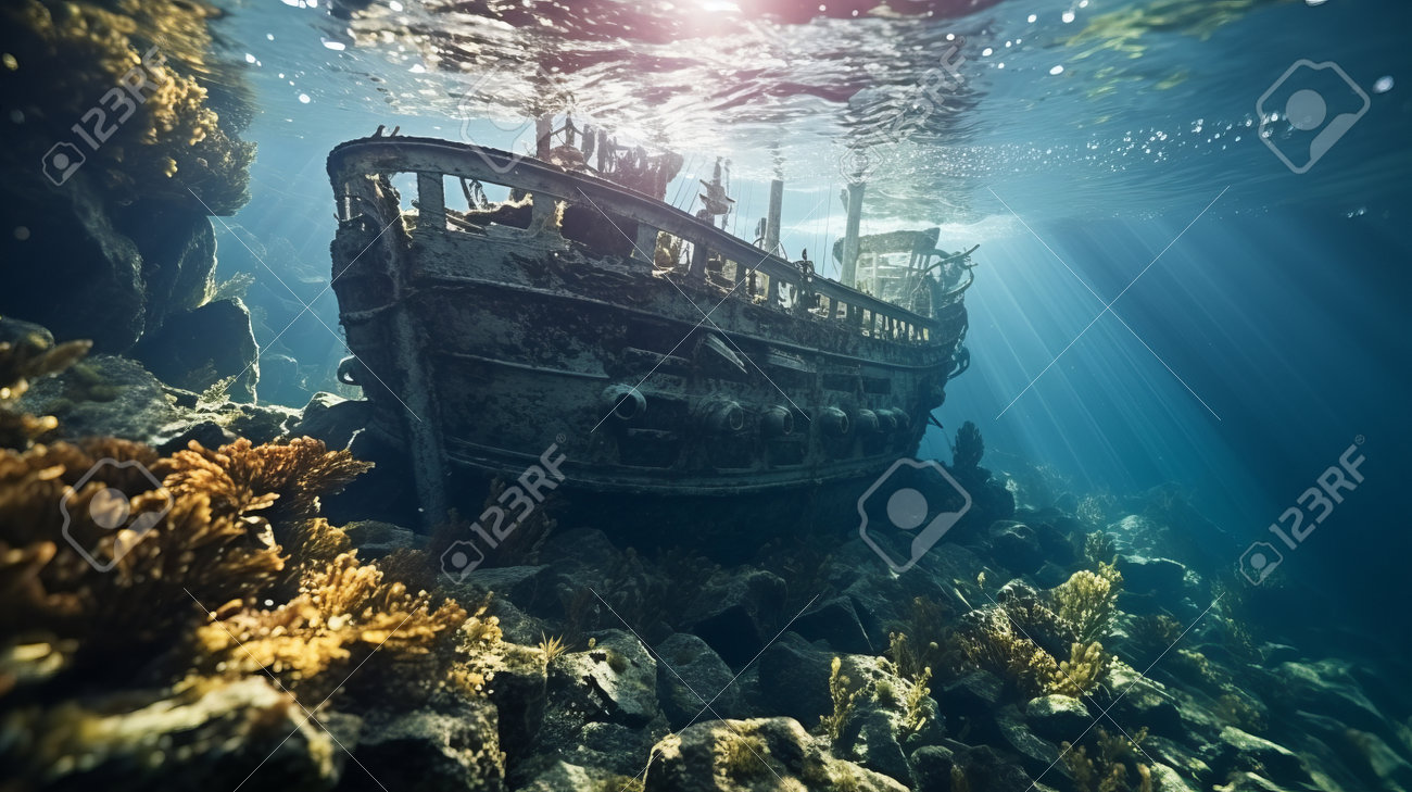 海や海の底にある沈没船。難破した船。水中の風景。太陽光線が水を