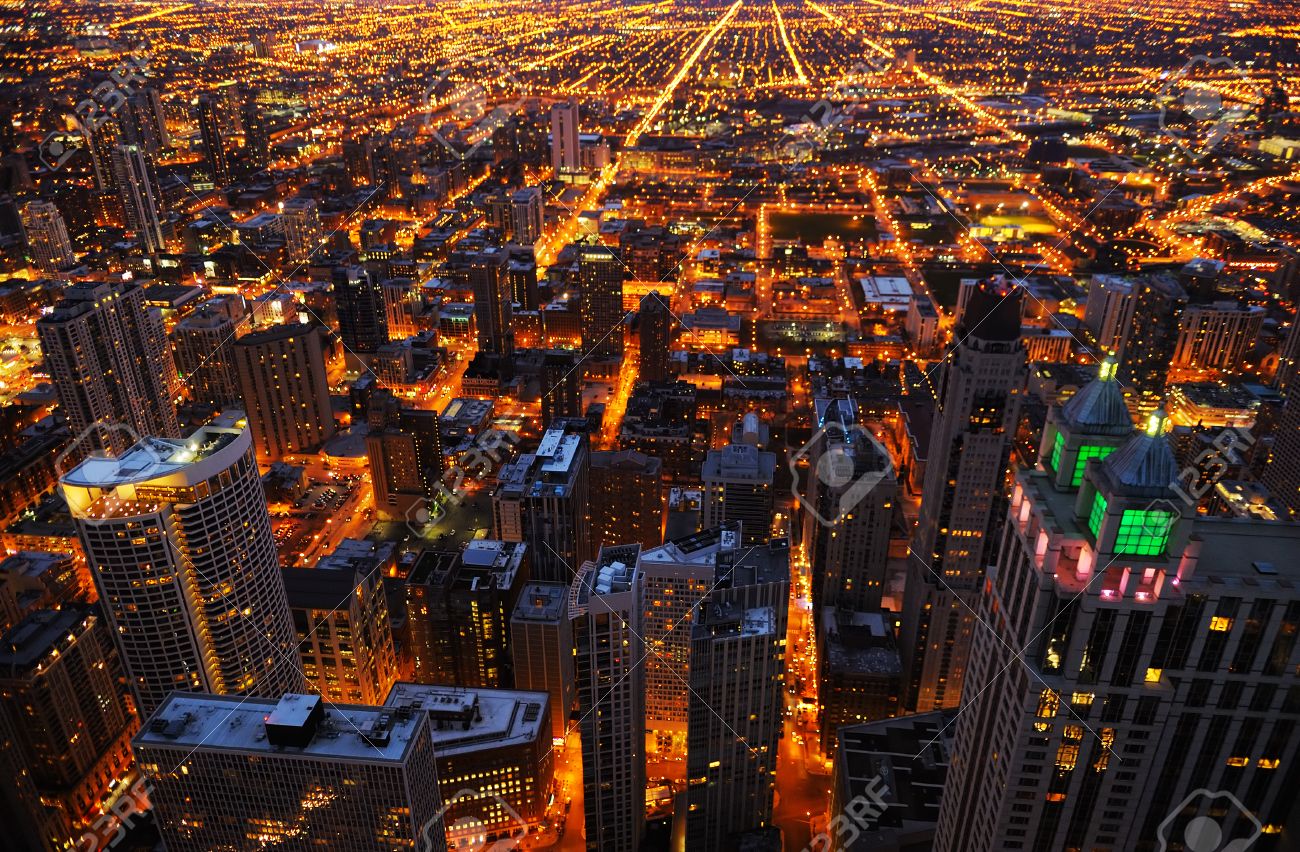 Aerial view of big city at night, Chicago, USA - 42772575 Aerial view of big city at night, Chicago, USA - 42772575