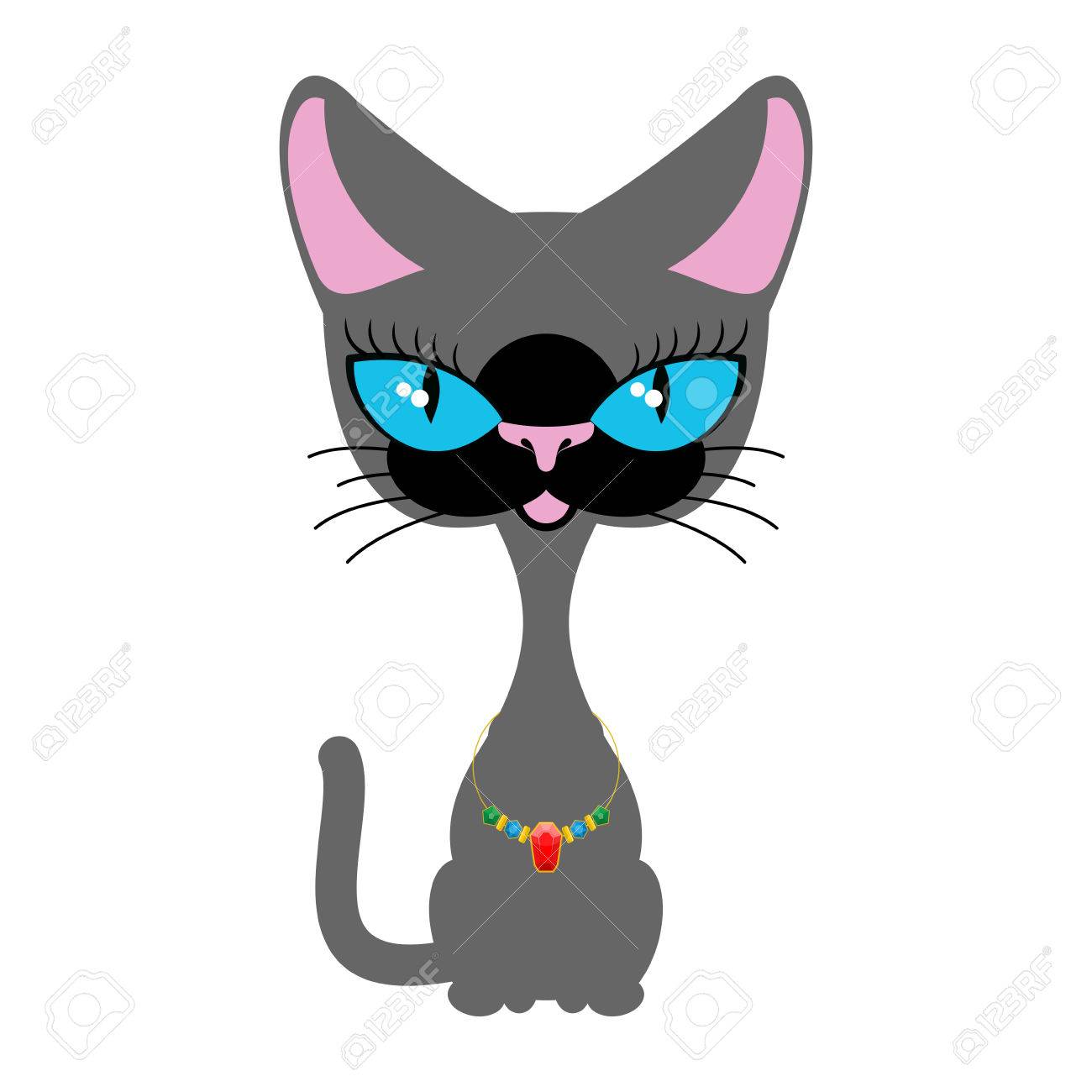 Beau Chat Avec Collier De Pierres Précieuses Race Siamois Chat Aux Yeux Verts Ornements De Bijoux Pour Animaux De Compagnie Sur Le Cou Illustration