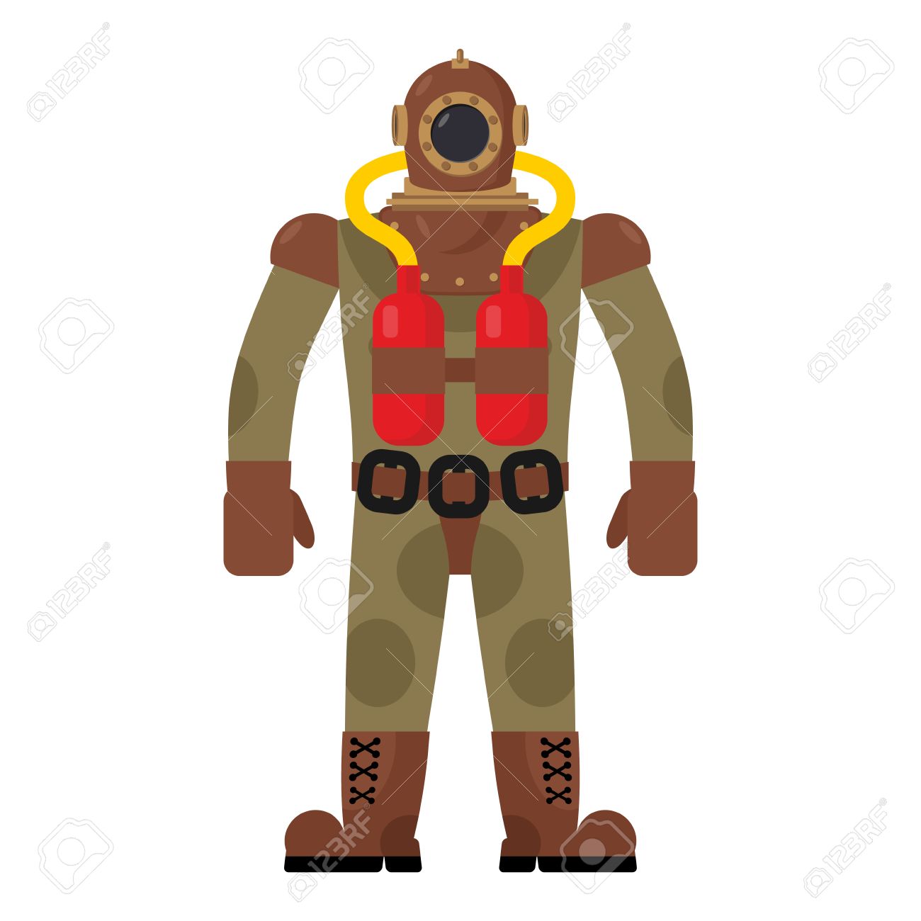 ダイバー古い潜水服 スキューバ ダイビングのためのレトロな服 スイミングのビンテージ機器は サメから防護服 ベクトル図のイラスト素材 ベクタ Image