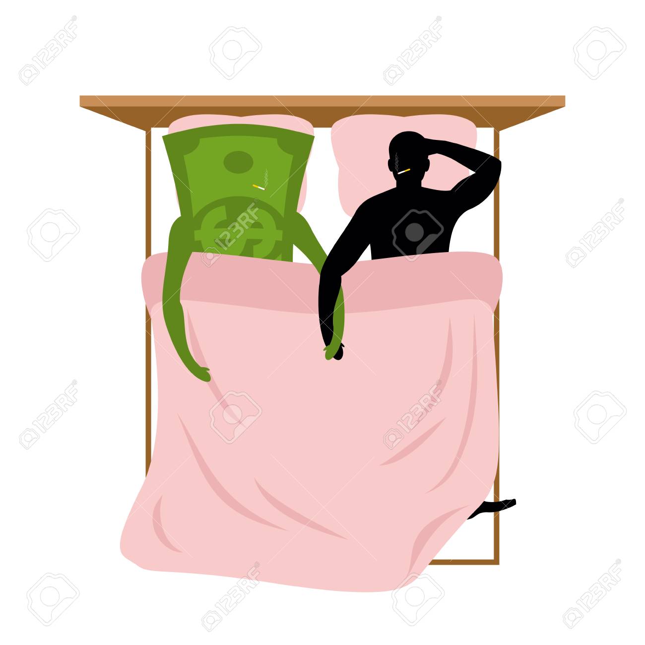 돈 사랑. 달러와 남자. 침대 위로보기에서 통화 연인입니다. 남자와 현금은 침대에 누워있다. 섹스 후 흡연. 베개와 담요. 담배를 피운  후에 담배를 피우십시오. 핑크 침대 시트. 낭만주의 금융 그림 로열티 무료 사진, 그림,