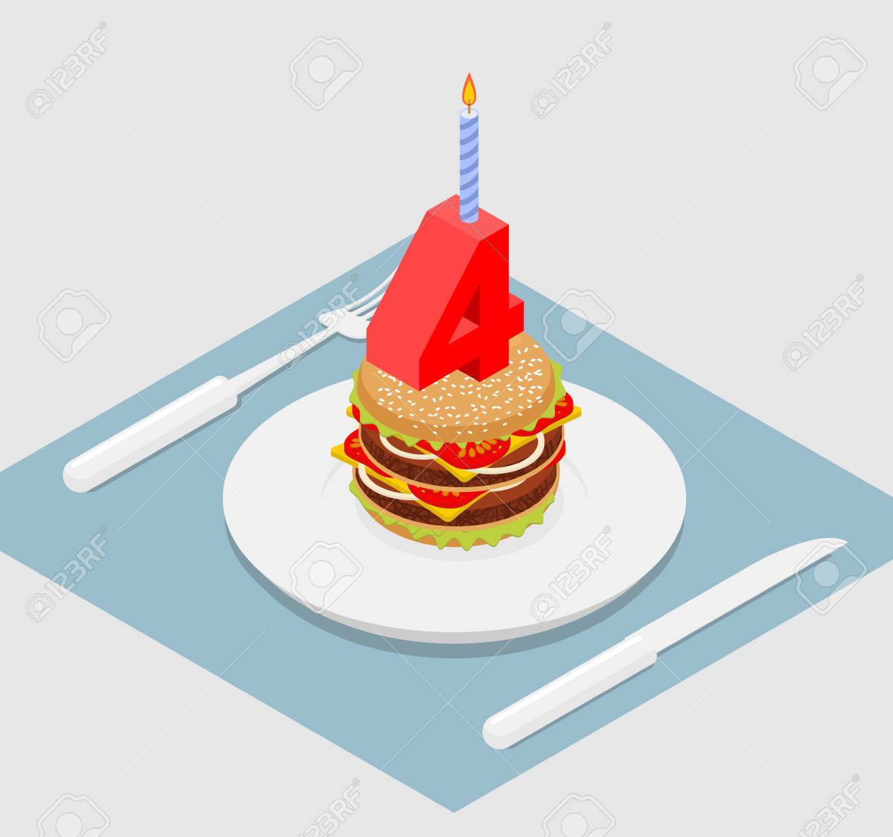 4 Ans Burger D Anniversaire Le Numero Quatre Avec La Bougie Burger Celebration Anniversaire Festive Fast Food Joyeux Anniversaire De Vacances Clip Art Libres De Droits Vecteurs Et Illustration Image