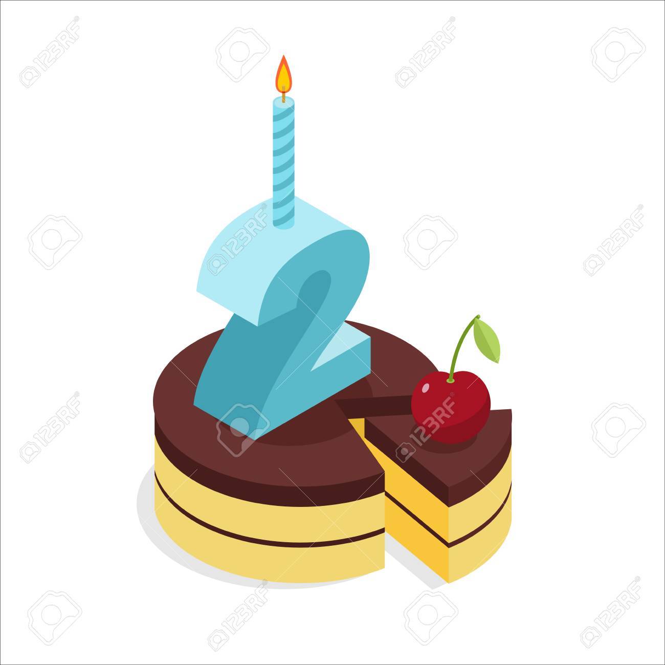 2 Isometriques Gateau D Anniversaire Le Numero Deux Avec Une Bougie Celebration De L Anniversaire Tarte Morceau De Fete Gateau Au Chocolat Et Cerise Party Fun Clip Art Libres De Droits Vecteurs Et