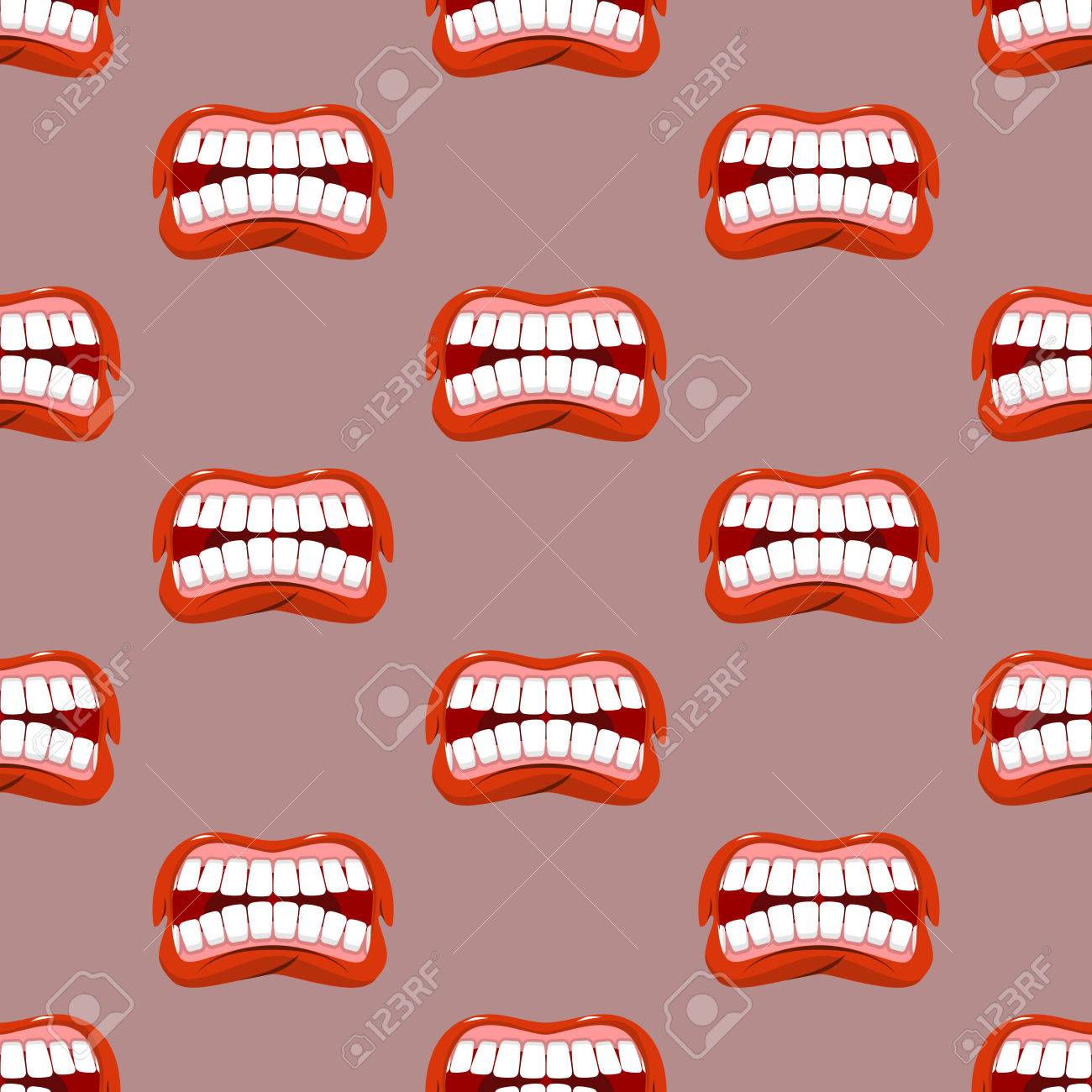 唇のシームレスなパターンを叫ぶ クリークの背景 積極的な感情のテクスチャです 舌や口を開きます 唾を飛んでいます 叫ぶ 甲高い悲鳴を上げる 悪口と悪い言語 のイラスト素材 ベクタ Image