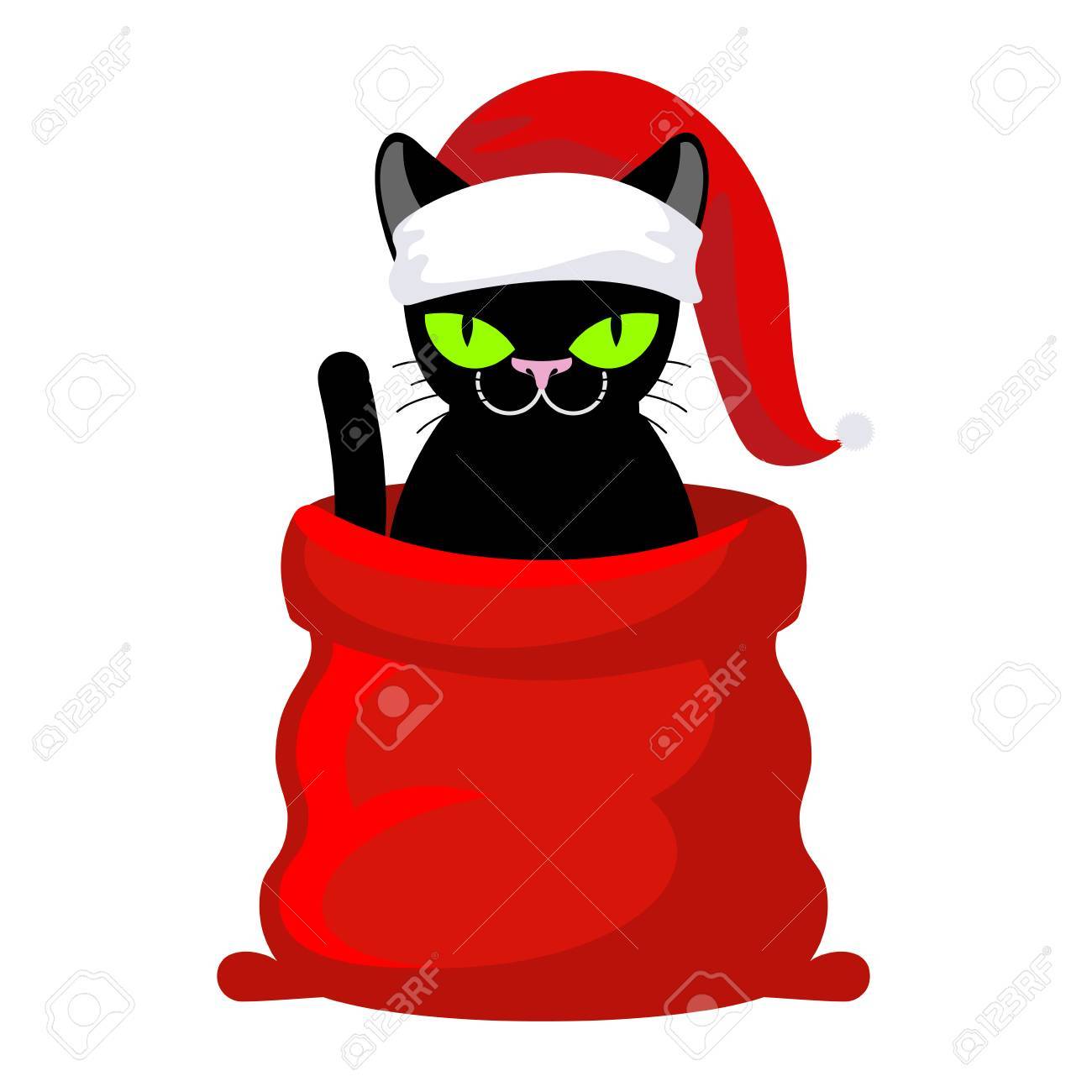 Chat De Noel Animal De Compagnie Au Chapeau Du Pere Noel Sac Rouge Avec Des Cadeaux Illustration De Nouvel An Modele De Noel De Chat Mignon Clip Art Libres De Droits
