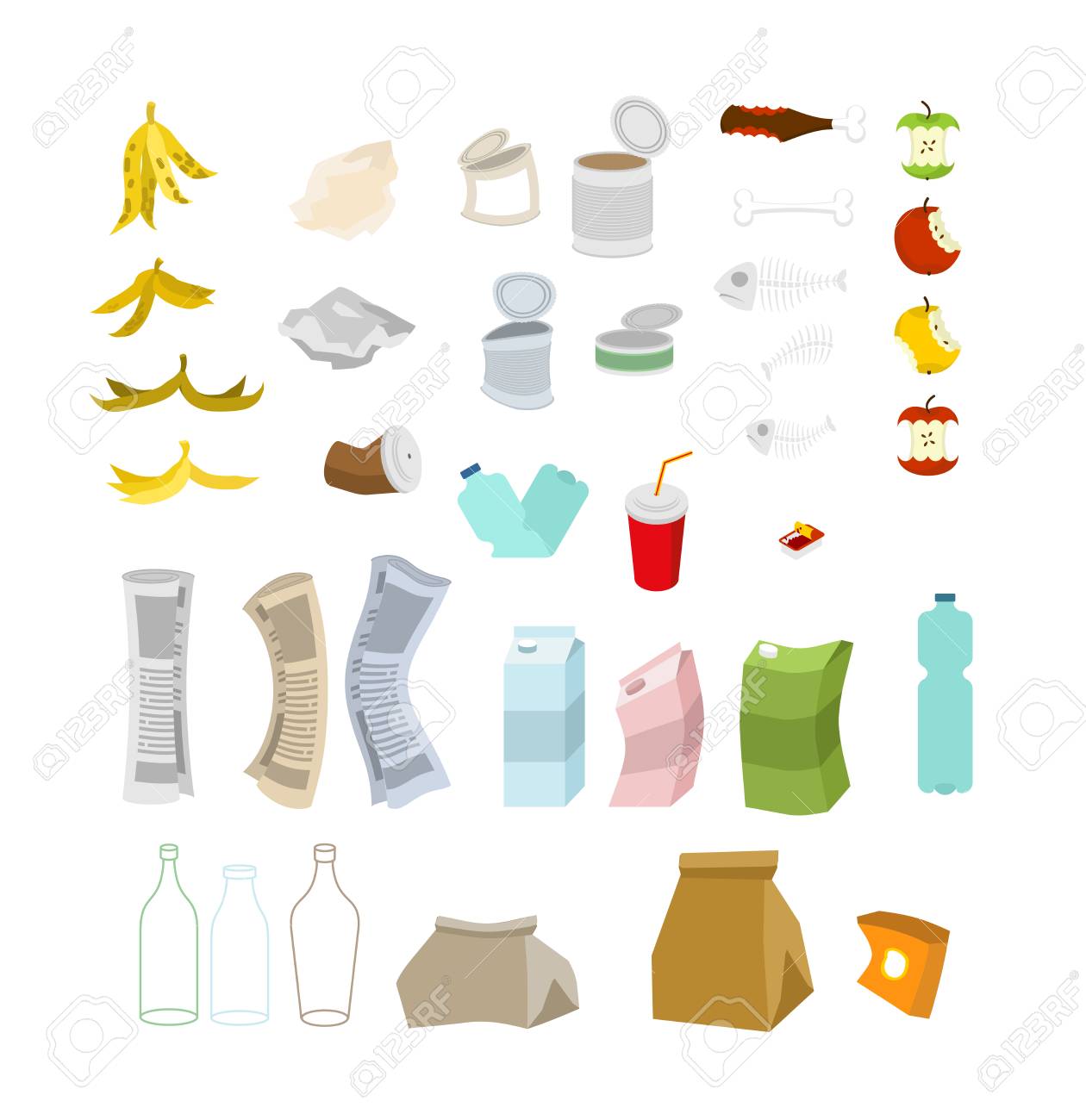 ゴミを設定します 屑アイコンのコレクション ゴミ箱の記号 落葉のシンボル バナナとスタブからはがしてください 錫と古い新聞です 骨と包装 しわくちゃの紙とプラスチック ボトル のイラスト素材 ベクタ Image