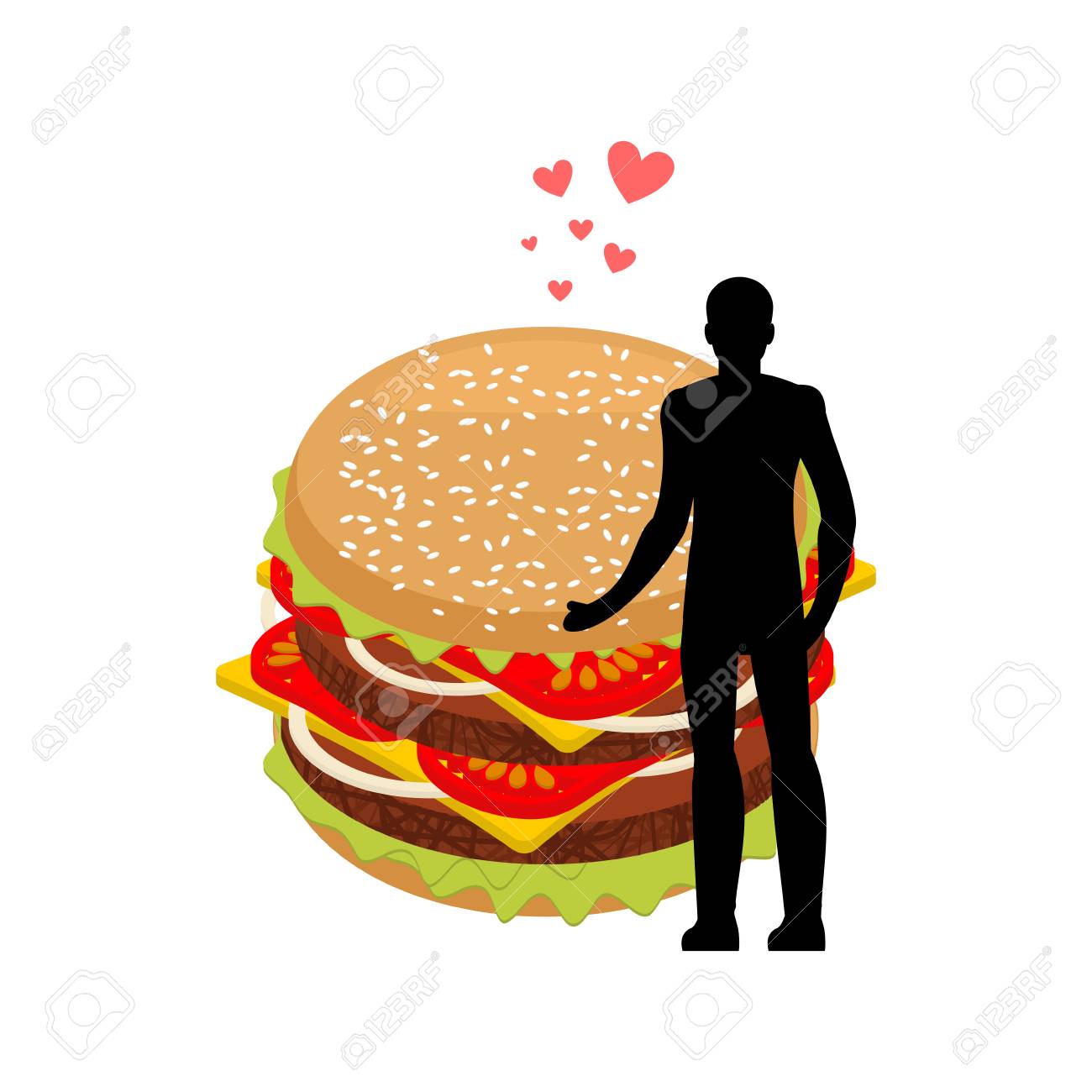 恋人のファーストフード 男とハンバーガーを受け入れます 男とハンバーガー 恋人たちのロマンチックなデート ファーストフード 食いしん坊のライフ スタイルのイラスト素材 ベクタ Image