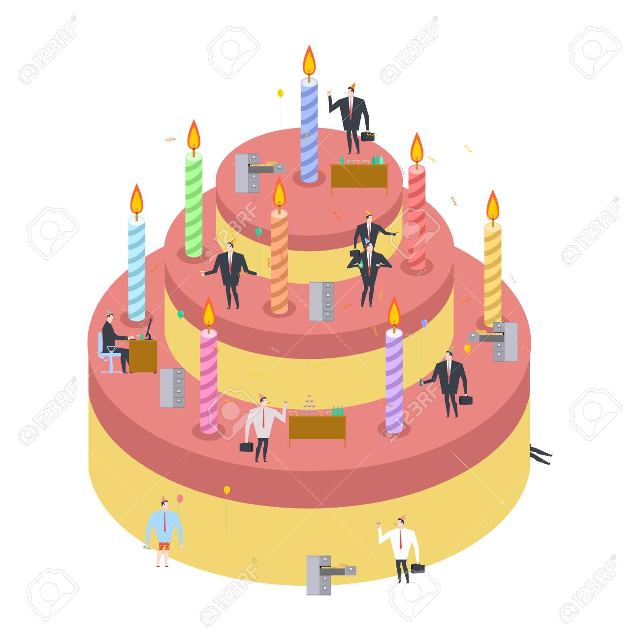 Fete De Bureau Gateaux Et Gerants Vacances Au Travail Homme D Affaires En Fete Capuchon De Celebrite Et Corne De Fete Ballon Et Bouteille D Alcool Manager Ivre Anniversaire Au Travail Clip Art Libres