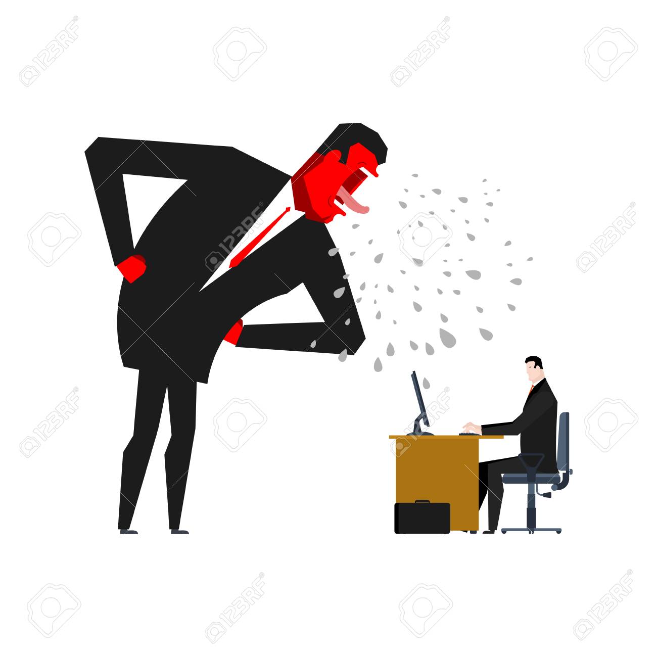 怒っているボスはマネージャーを叱っている オフィスライフ部下を叫んでいるビジネスマン コンピュータのデスクトップ 職場での罰 ベクターイラストのイラスト素材 ベクタ Image