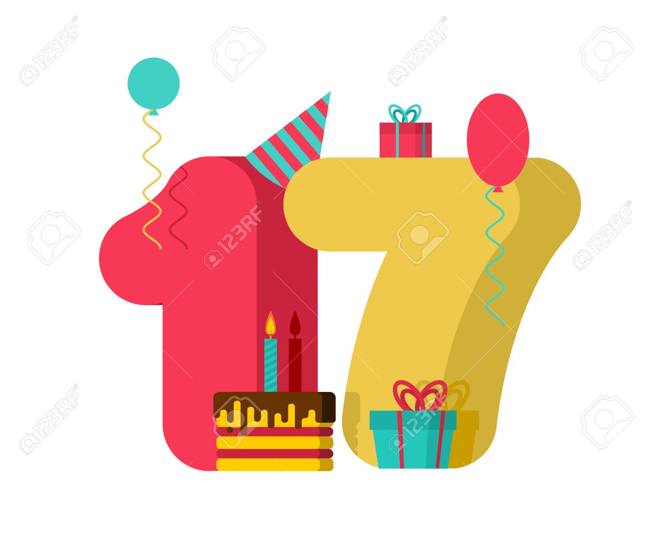 Signe D Anniversaire De 17 Ans 17e Anniversaire De Modele De Carte De Voeux Dix Sept Numero Et Morceau De Gateau Festif Avec Bougie Ballon Et Coffret Cadeau Clip Art Libres De Droits
