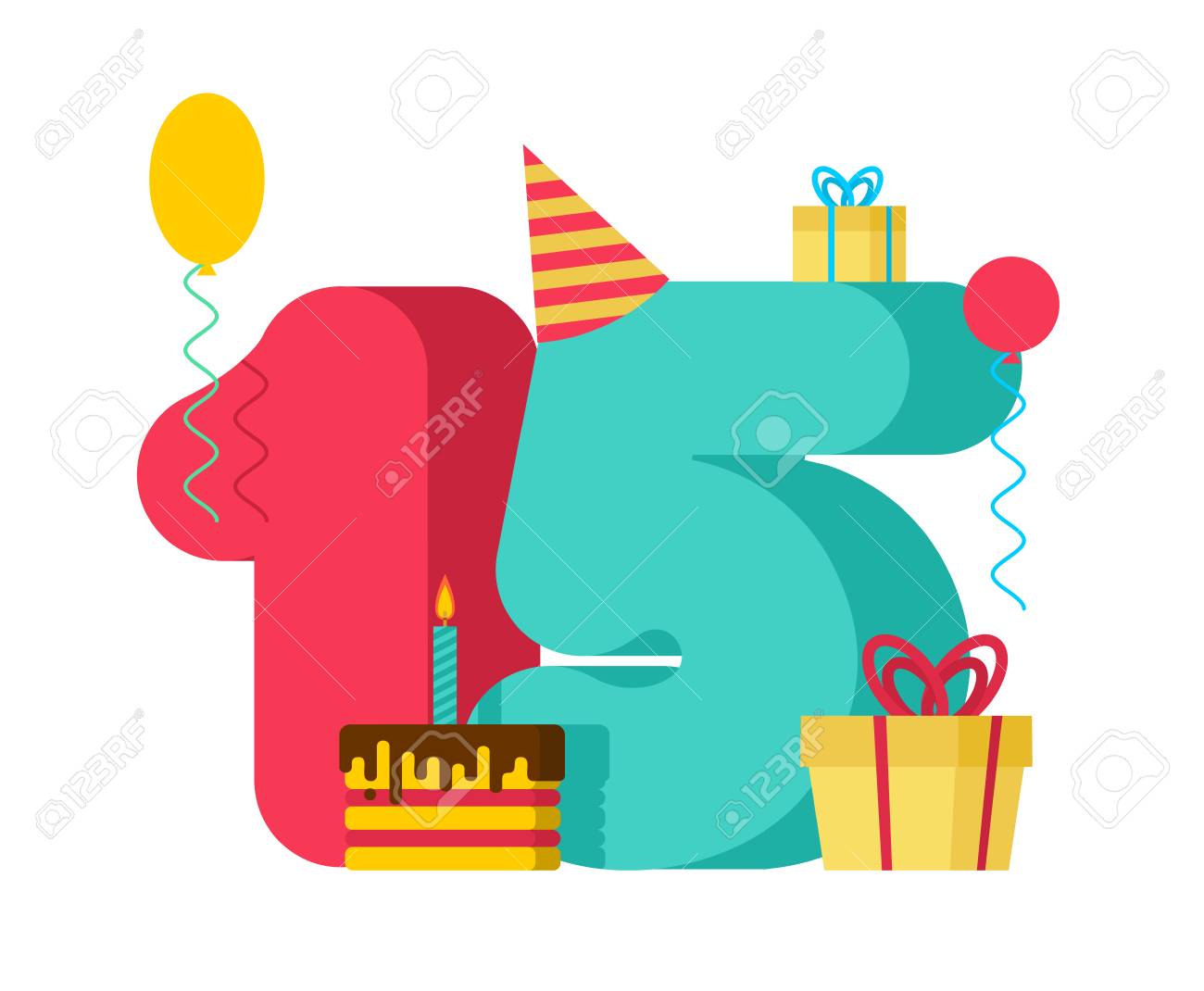 Vettoriale Segno Di Compleanno Di 15 Anni 15 Anniversario Modello Di Auguri Quindici Numeri E Festosa Fetta Di Torta Con Candela Palloncino E Confezione Regalo Image