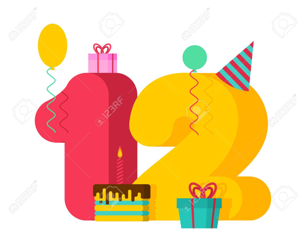 Vettoriale Biglietto Di Auguri Di 12 Anni Compleanno Modello Di Celebrazione Del 12 Anniversario Dodici Numero E Festivo Pezzo Di Torta Con Candela Palloncino E Confezione Regalo Image