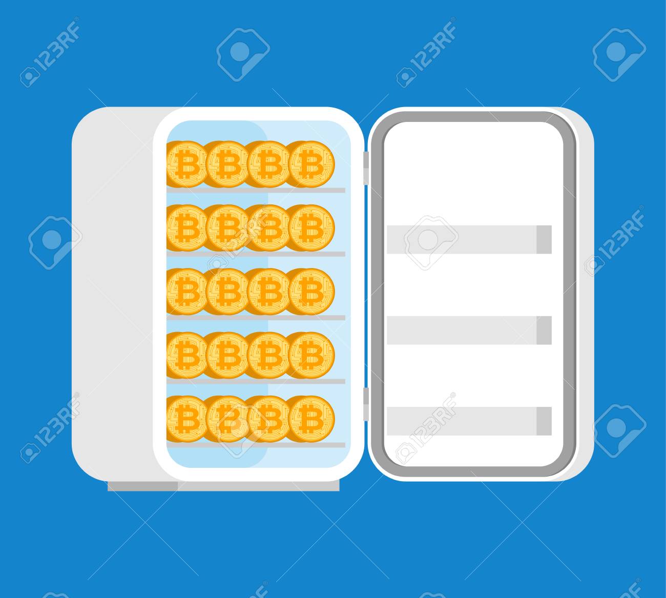 냉장고에 있는 비트코인. 콜드 암호화 지갑. 암호 화폐 저장소. 통화 보존 Â 로열티 무료 사진, 그림, 이미지 그리고 스톡포토그래피.  Image 125241529