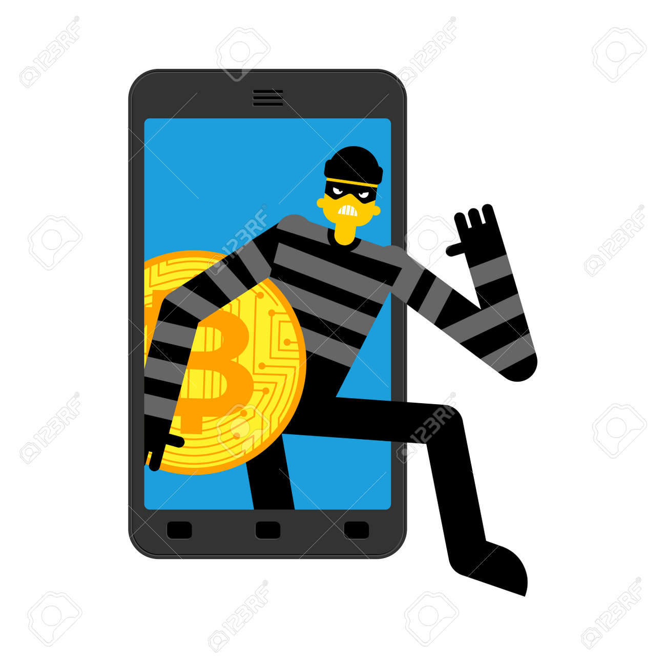 ビットコインのオンライン盗難。泥棒はガジェットから暗号通貨を盗みます。インターネットが電子マネーを盗む。泥棒とスマートフォンのイラスト素材・ベクター  Image 179108596
