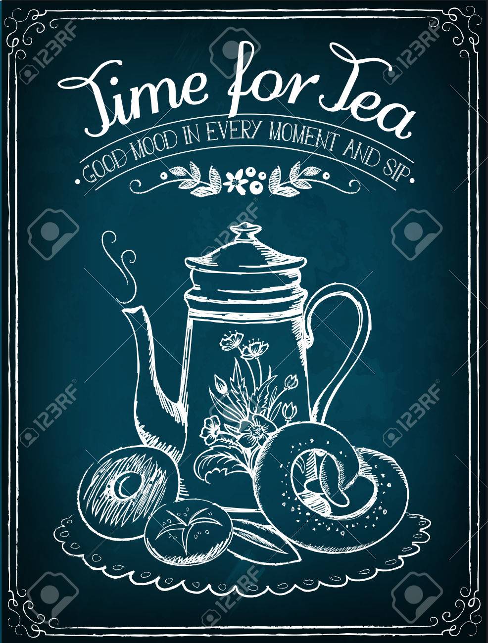 紅茶とティーポット パン屋さんのための時間の言葉でイラスト チョーク スケッチの模倣でフリーハンド描画のイラスト素材 ベクタ Image