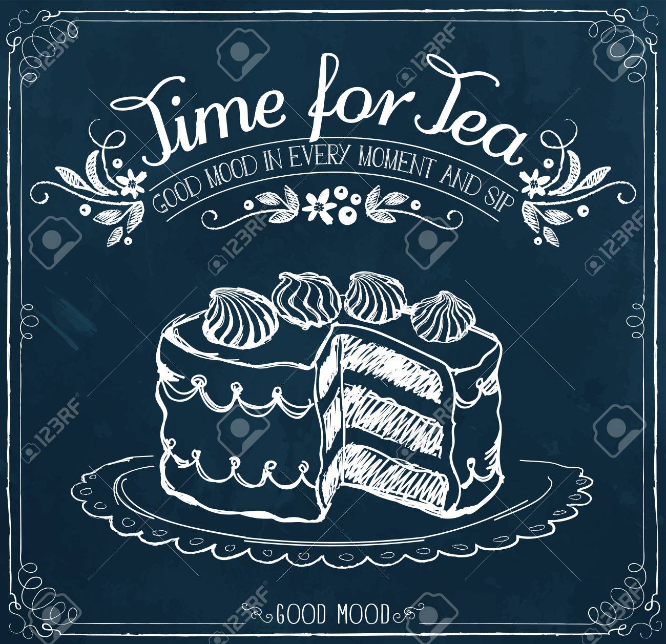 お茶とケーキのための時間の言葉とイラスト チョーク スケッチの模倣でフリーハンド描画のイラスト素材 ベクタ Image
