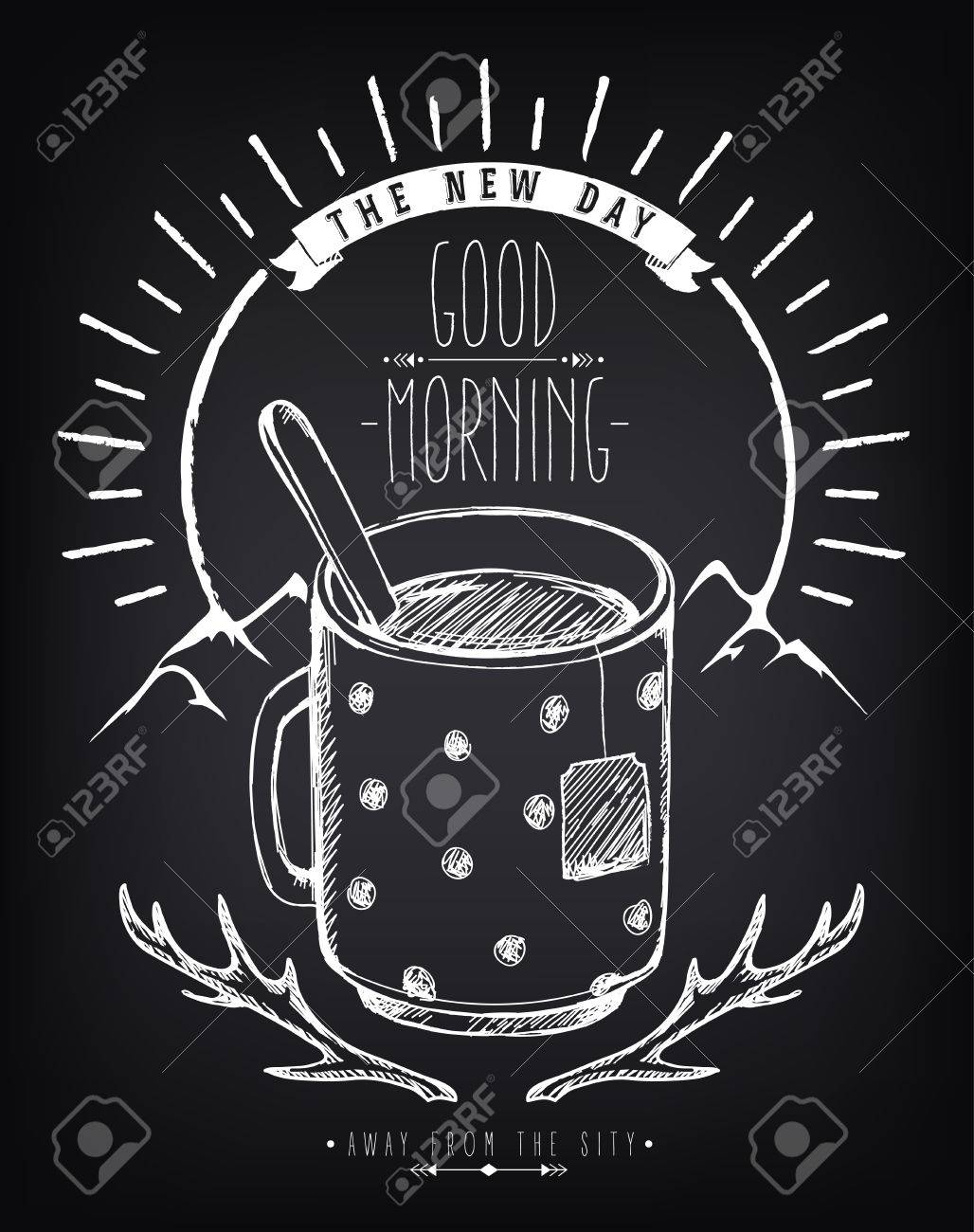ビンテージ ポスター茶の大きなカップでおはよう 山の風景 日の出 チョーク スケッチの模倣でフリーハンド描画のイラスト素材 ベクタ Image