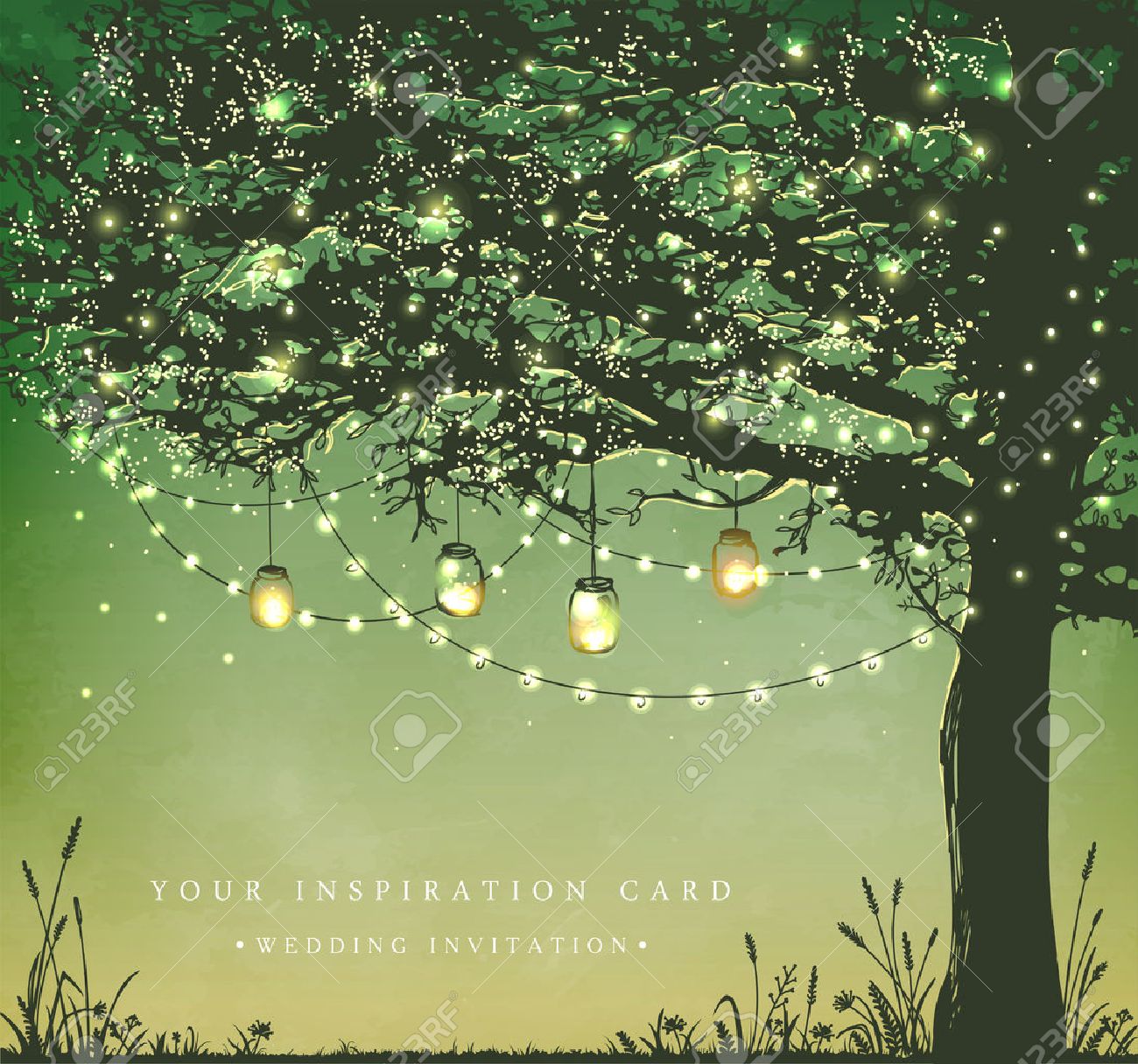 Hanging decorative holiday lights for a back yard party. Garden party invitation. Inspiration card for wedding, date, birthday, tea party - 52799735 Hanging decorative holiday lights for a back yard party. Garden party invitation. Inspiration card for wedding, date, birthday, tea party - 52799735