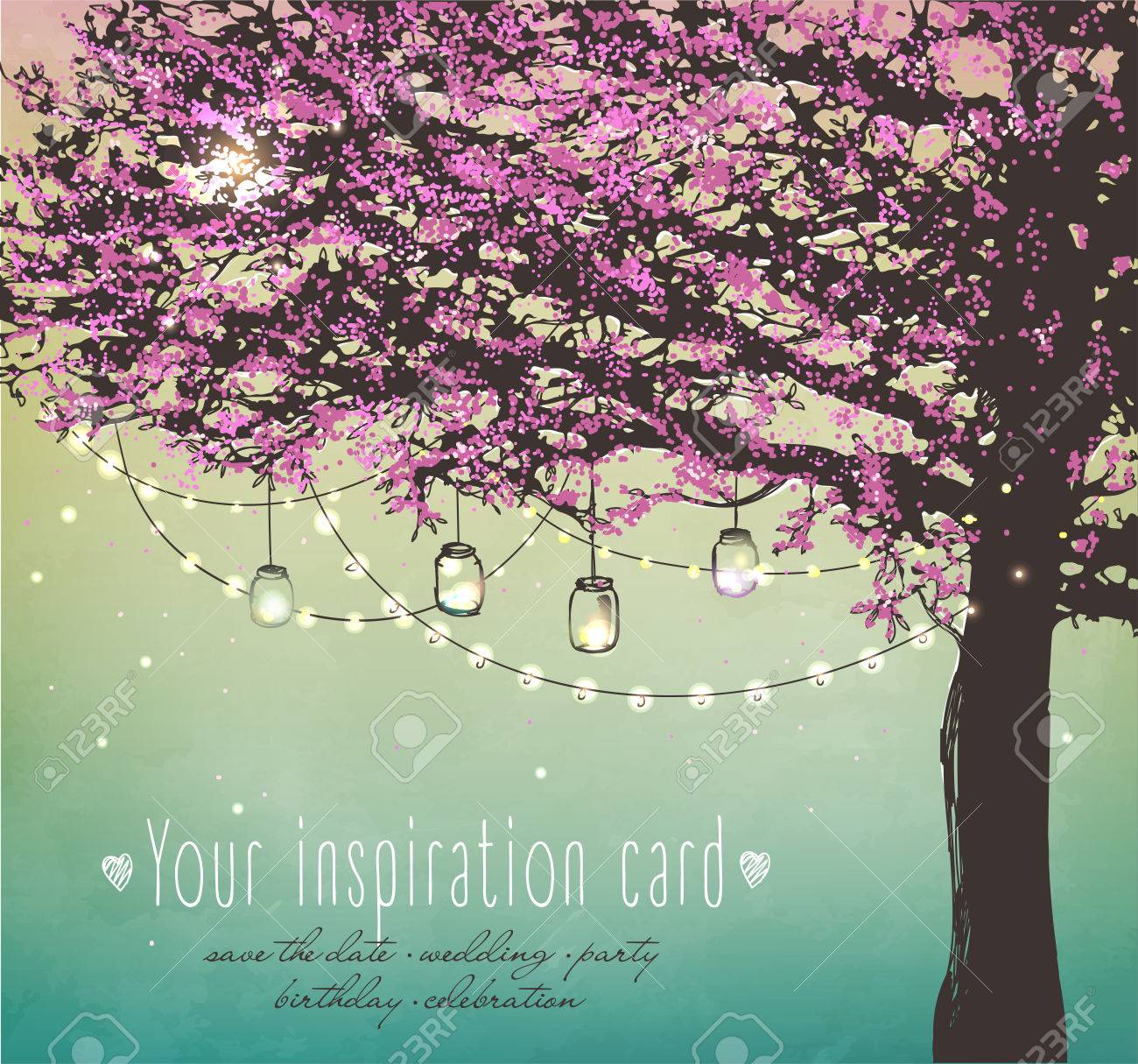 pink tree with decorative lights for party garden party invitation