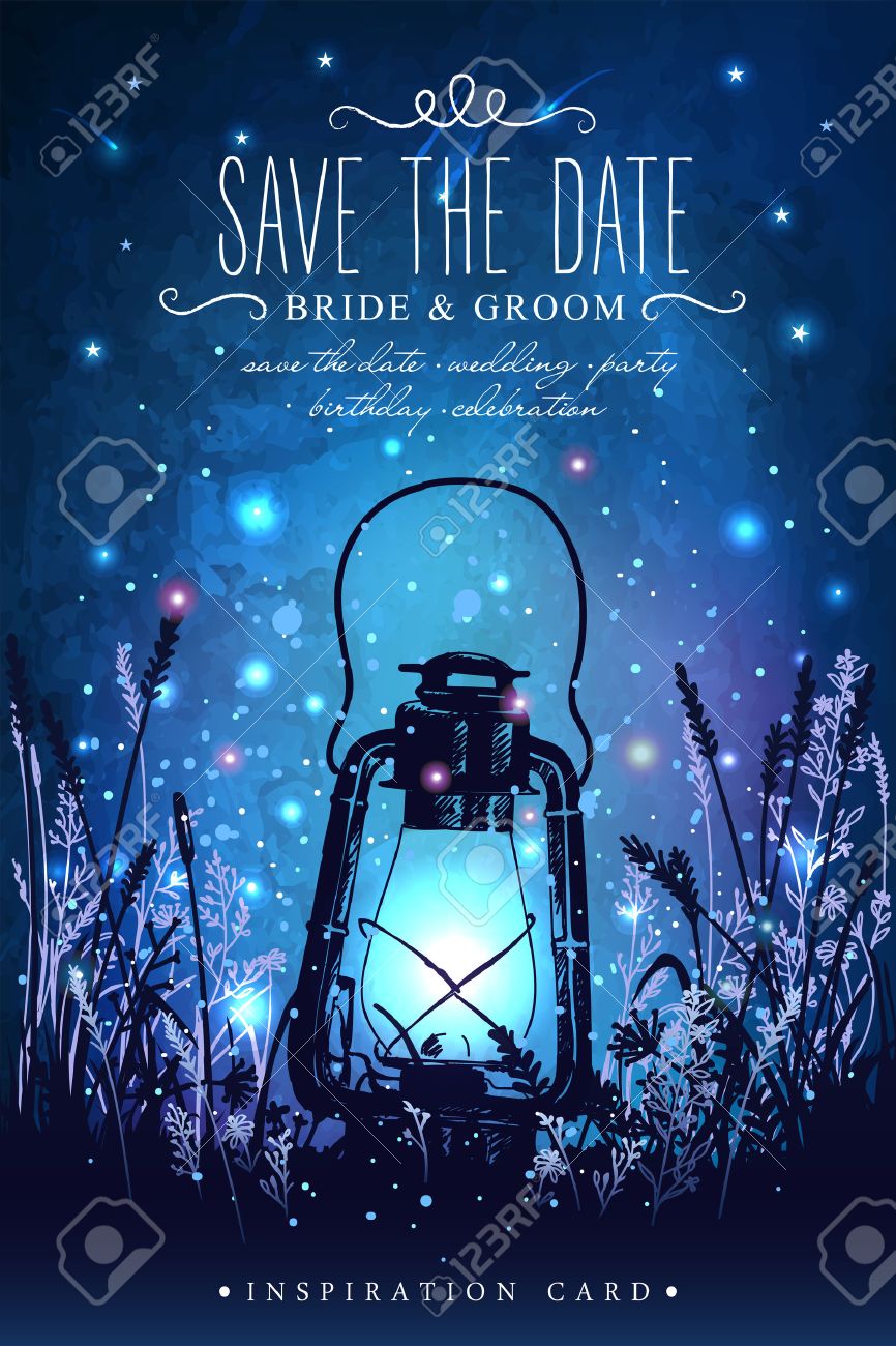 Amazing vintage lanten on grass with magical lights of fireflies at night sky background. Unusual vector illustration. Inspiration card for wedding, date, birthday, tea or garden party - 54192159 Amazing vintage lanten on grass with magical lights of fireflies at night sky background. Unusual vector illustration. Inspiration card for wedding, date, birthday, tea or garden party - 54192159
