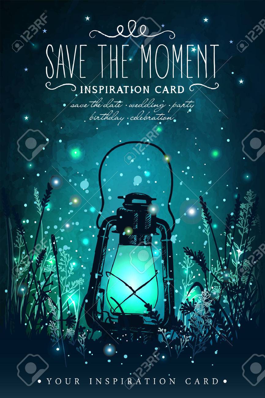 Amazing vintage lanten on grass with magical lights of fireflies at night sky background. Unusual vector illustration. Inspiration card for wedding, date, birthday, tea or garden party - 54192167 Amazing vintage lanten on grass with magical lights of fireflies at night sky background. Unusual vector illustration. Inspiration card for wedding, date, birthday, tea or garden party - 54192167