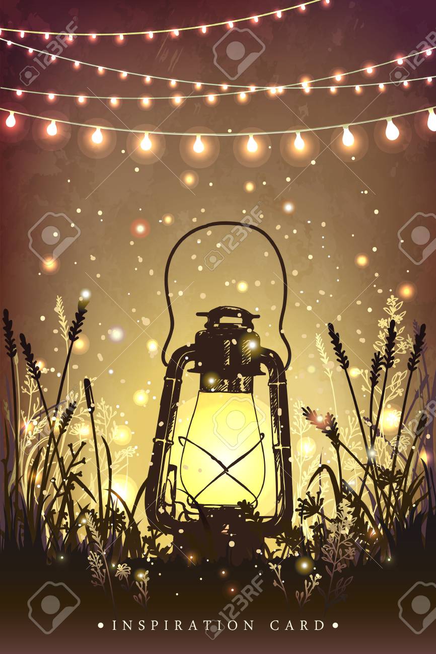Amazing vintage lanten on grass with magical lights of fireflies at night sky background. Unusual illustration. Inspiration card for wedding, date, birthday, tea or garden party - 55161055 Amazing vintage lanten on grass with magical lights of fireflies at night sky background. Unusual illustration. Inspiration card for wedding, date, birthday, tea or garden party - 55161055