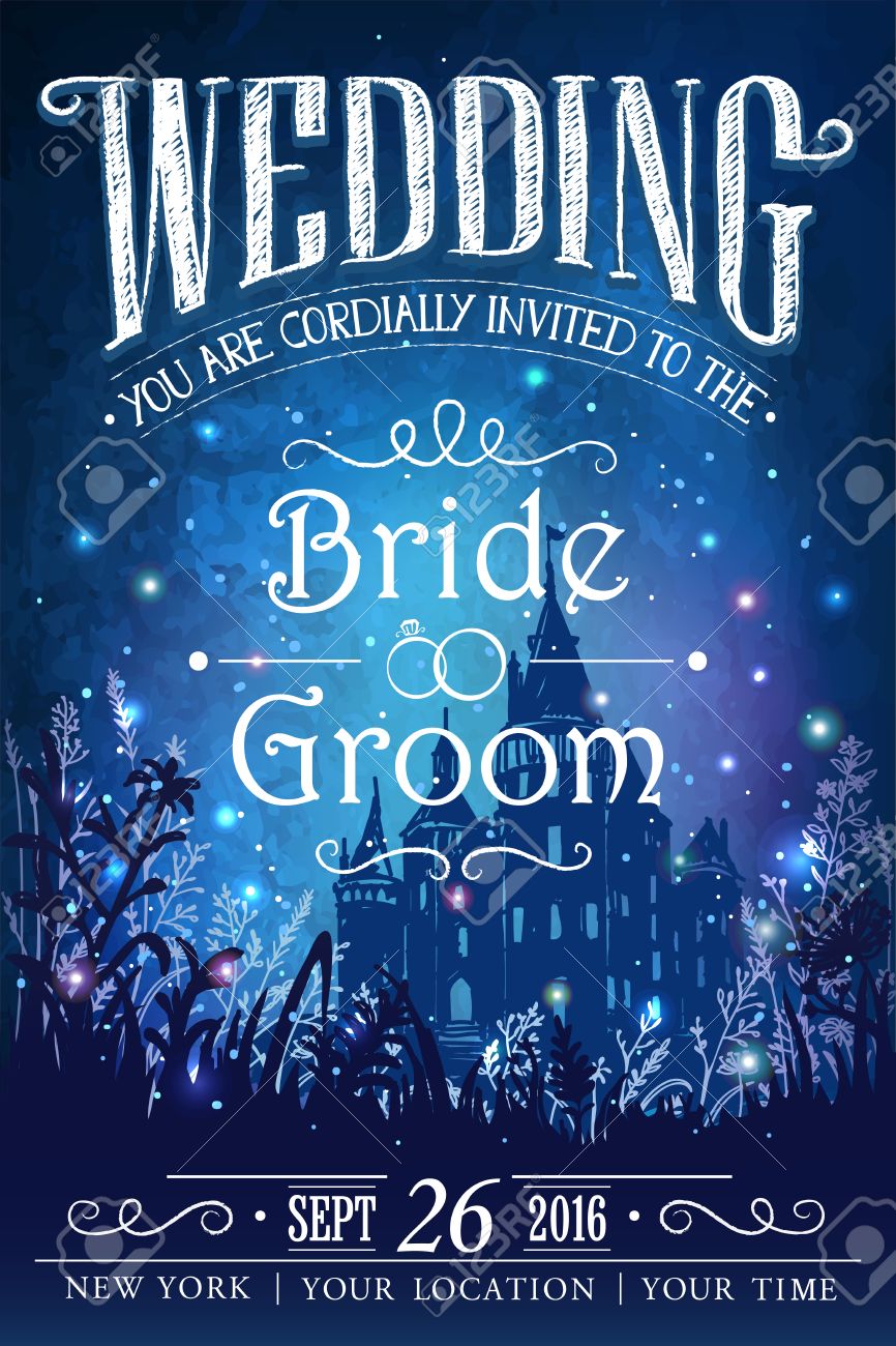 城と牧草地の草のおとぎ話イラスト 魔法のホタルと背景 結婚式 日付 誕生日 ブックカバー インスピレーション カード のイラスト素材 ベクタ Image