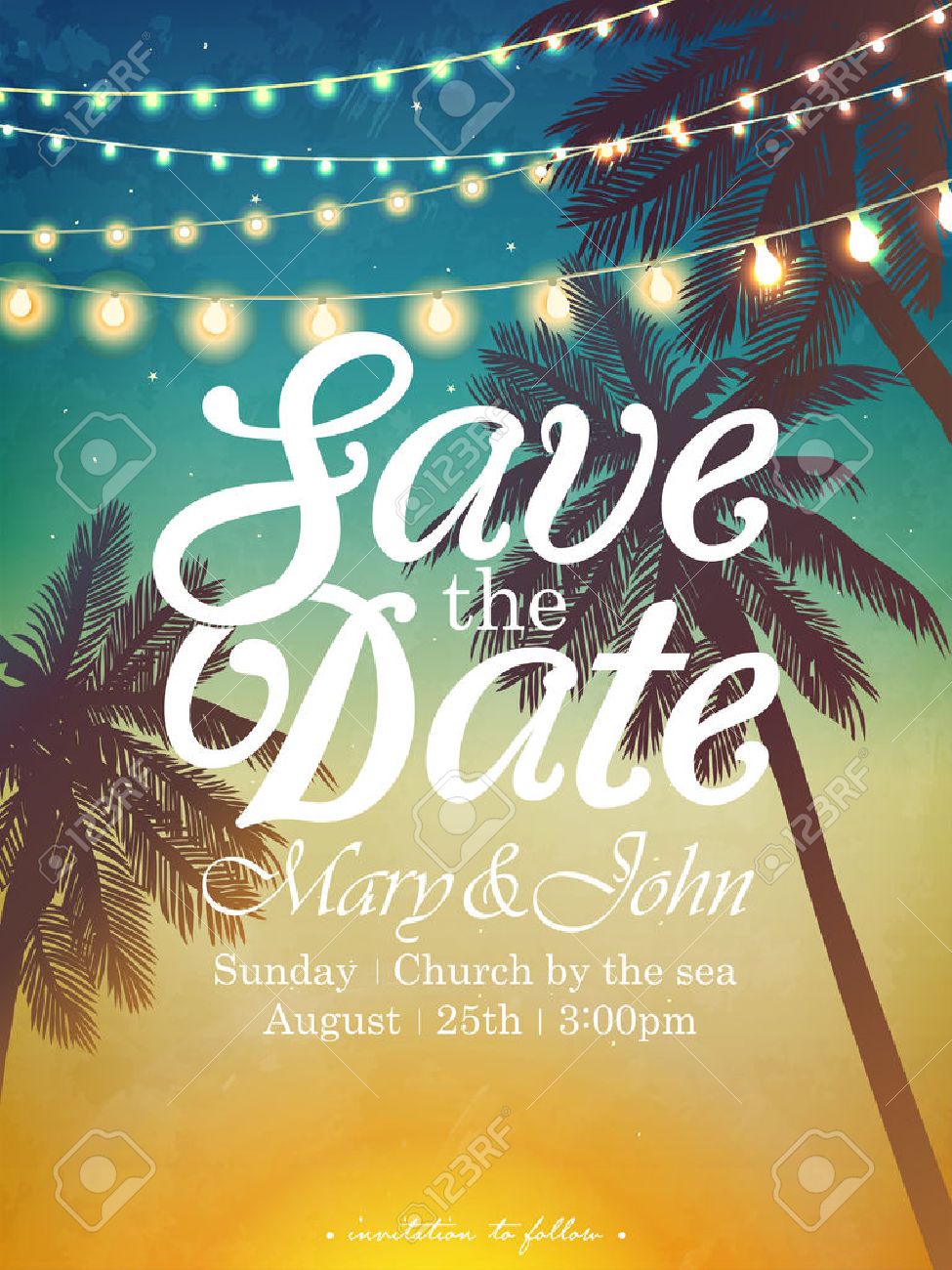 Hanging decorative holiday lights for a beach party. Inspiration card for wedding, date, birthday. Beach party invitation - 56483749 Hanging decorative holiday lights for a beach party. Inspiration card for wedding, date, birthday. Beach party invitation - 56483749