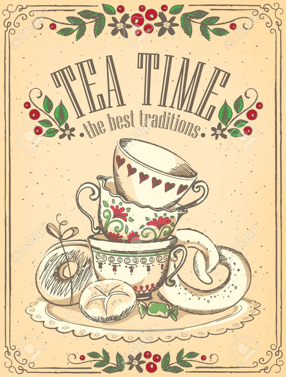 Illustration Tea Time With Cute Cups And Bakery Beautiful Floral Frame Freehand Drawing Sketch Royalty Free Svg Cliparts Vectors And Stock Illustration Image
