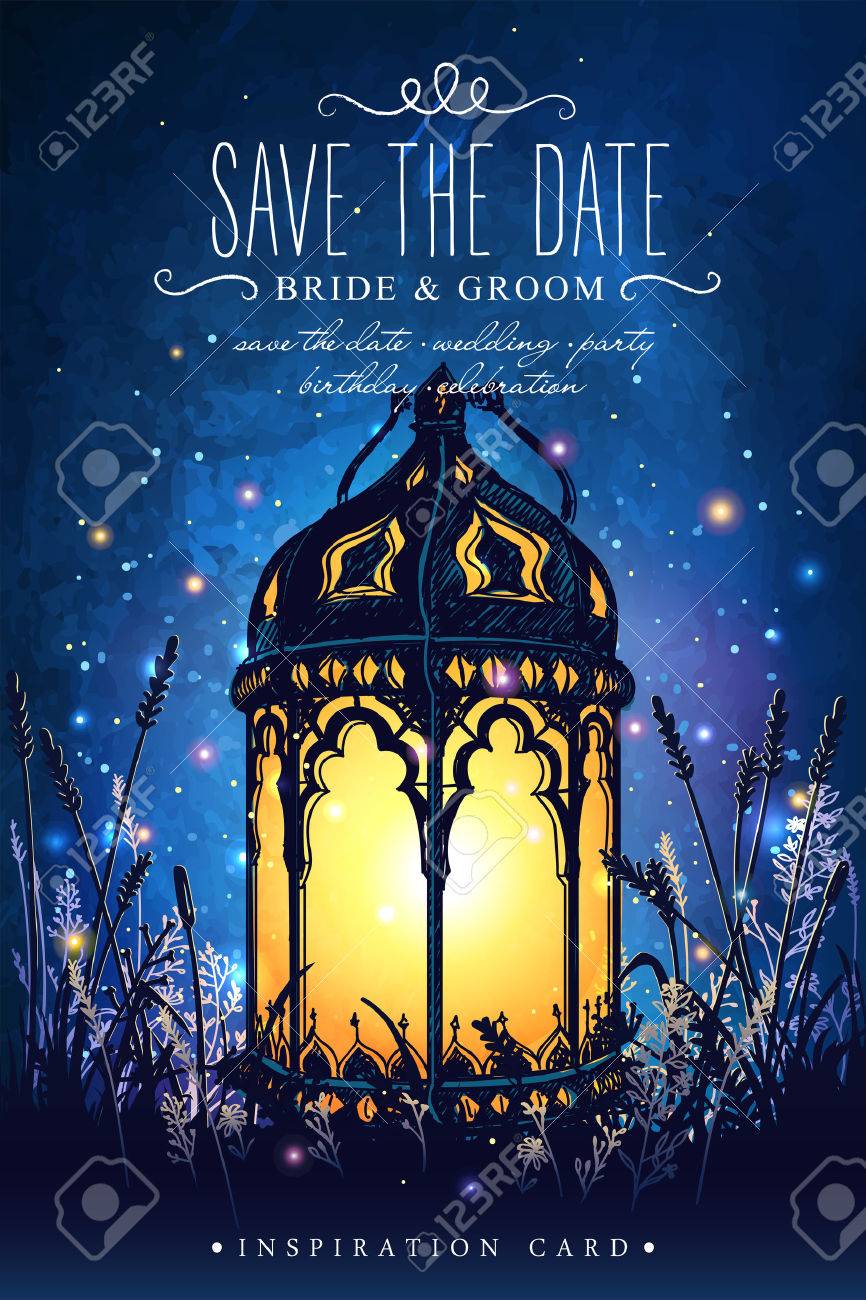 Amazing moroccan vintage lanten on grass with magical lights of fireflies at night sky background. Unusual vector illustration. Inspiration card - 58943889 Amazing moroccan vintage lanten on grass with magical lights of fireflies at night sky background. Unusual vector illustration. Inspiration card - 58943889