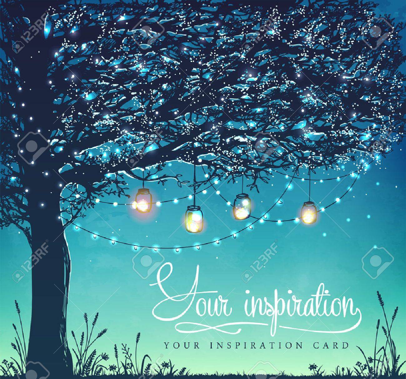 Hanging decorative holiday lights for a back yard party, wedding, date, birthday. Inspiration card. Garden party invitation - 58943902 Hanging decorative holiday lights for a back yard party, wedding, date, birthday. Inspiration card. Garden party invitation - 58943902