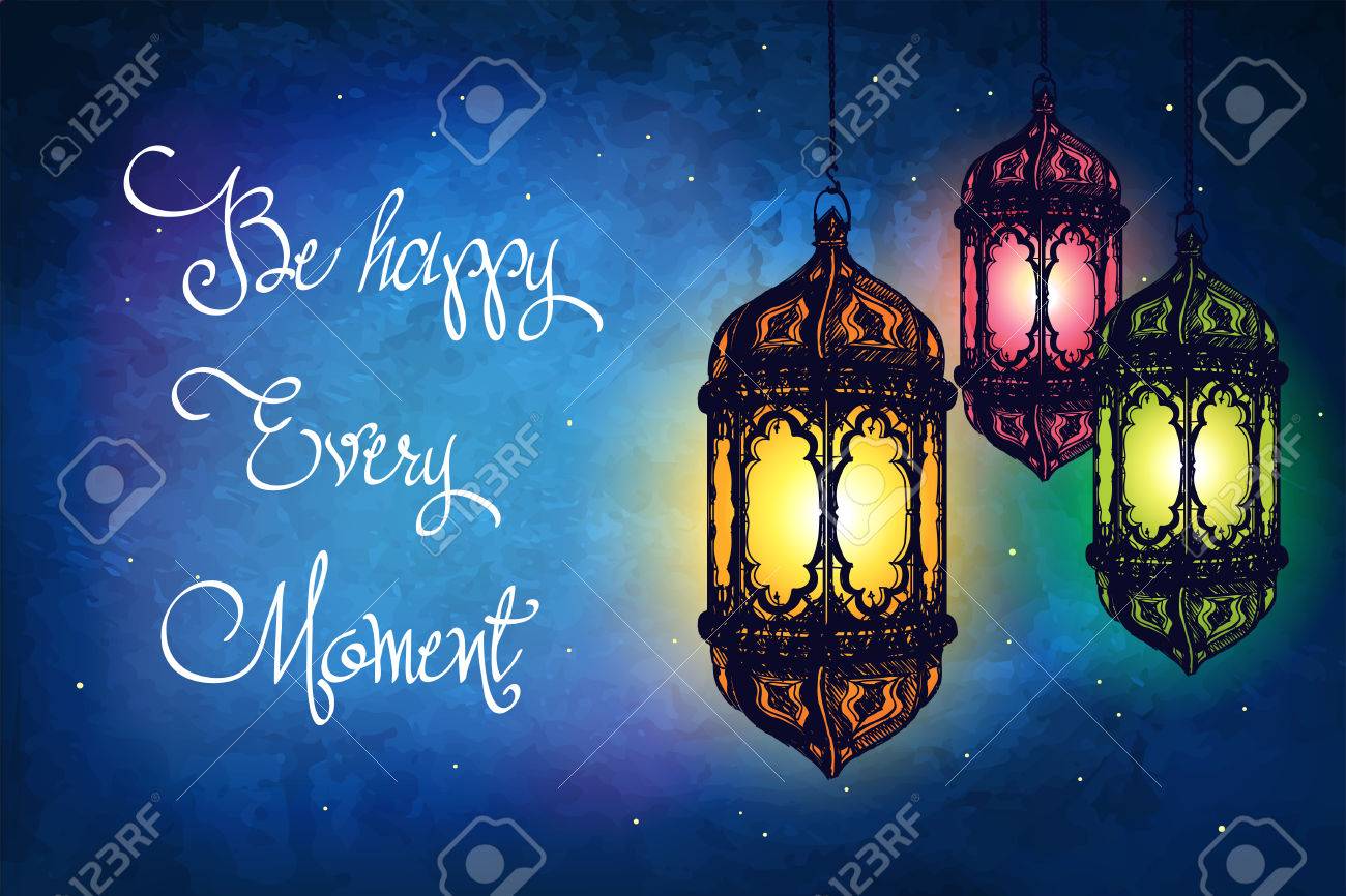 魔法の夜空を背景に素晴らしいモロッコのビンテージ ランタン 異常なイラスト インスピレーション カード お祝いアラビア ランプをぶら下げします の イラスト素材 ベクタ Image