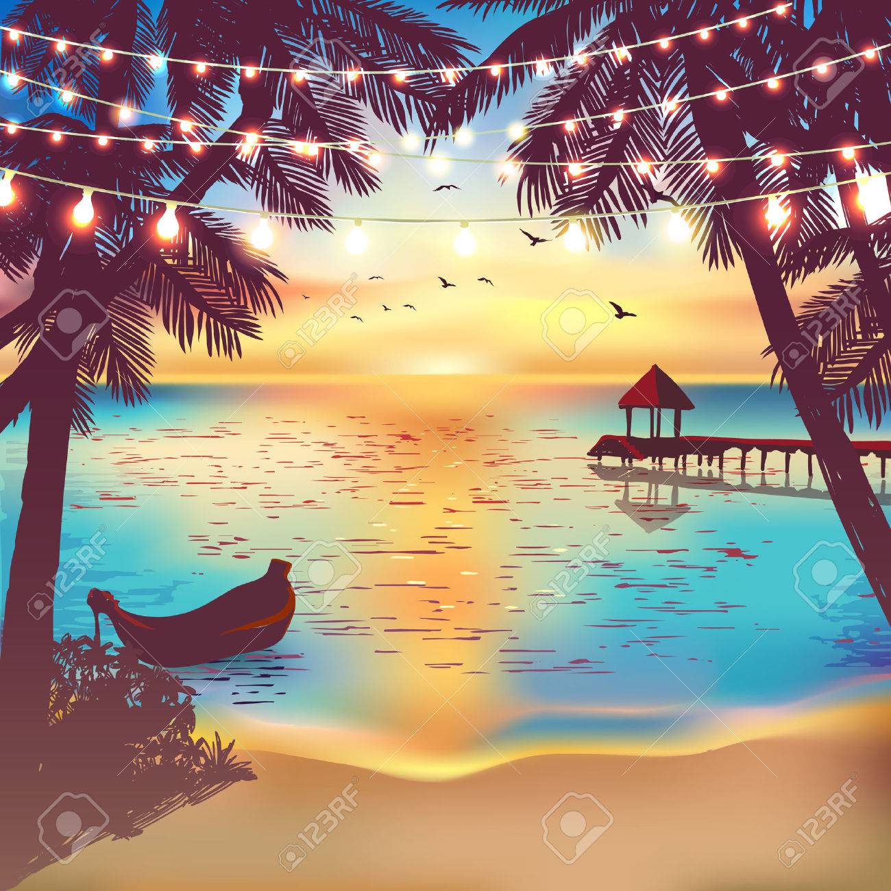 Hanging decorative holiday lights for a beach party. Inspiration card for wedding, date, birthday. Beach party invitation. Travel poster - 60981855 Hanging decorative holiday lights for a beach party. Inspiration card for wedding, date, birthday. Beach party invitation. Travel poster - 60981855