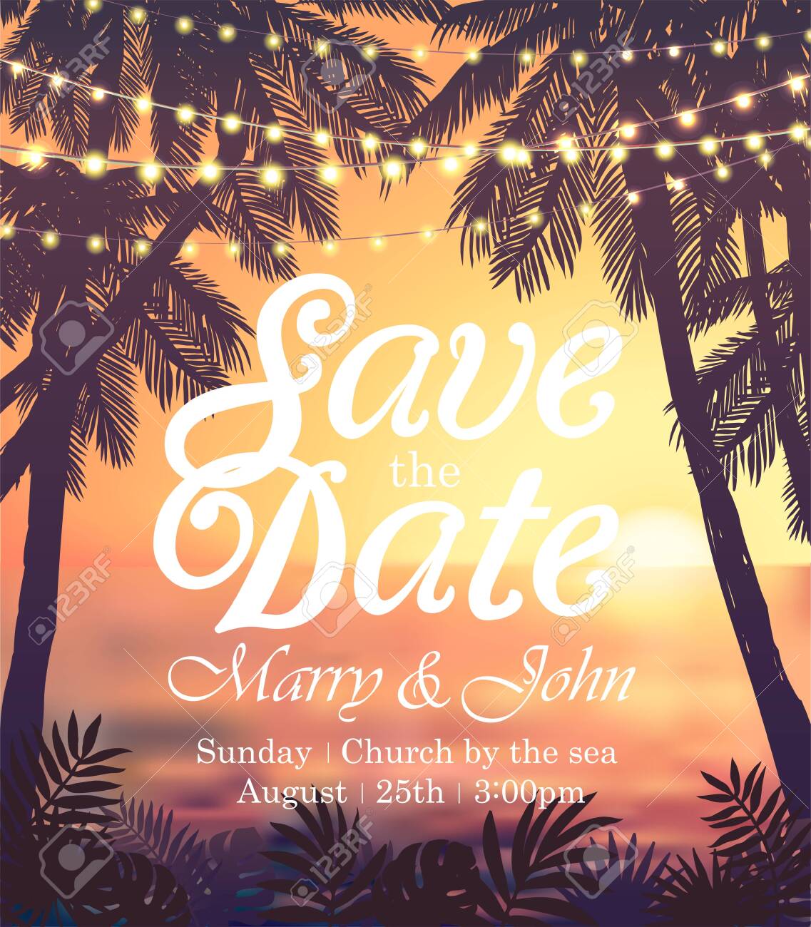 Hanging decorative holiday lights for a beach party invitation. Inspiration card for wedding, date, birthday, travel advertising - 121160533 Hanging decorative holiday lights for a beach party invitation. Inspiration card for wedding, date, birthday, travel advertising - 121160533